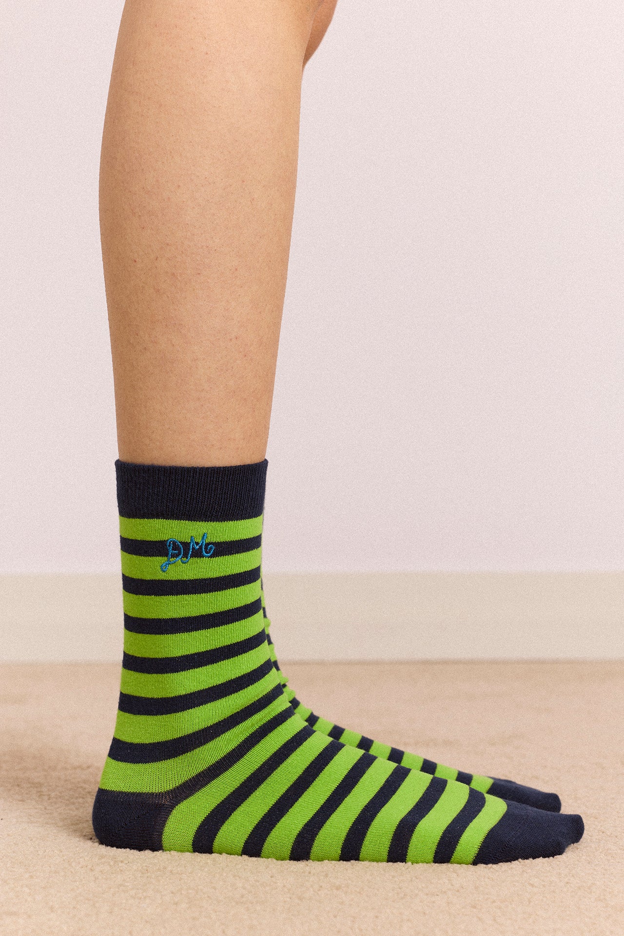 2 Pack Calf Length Socks - Navy/Green Stripe/Spot - Image 3