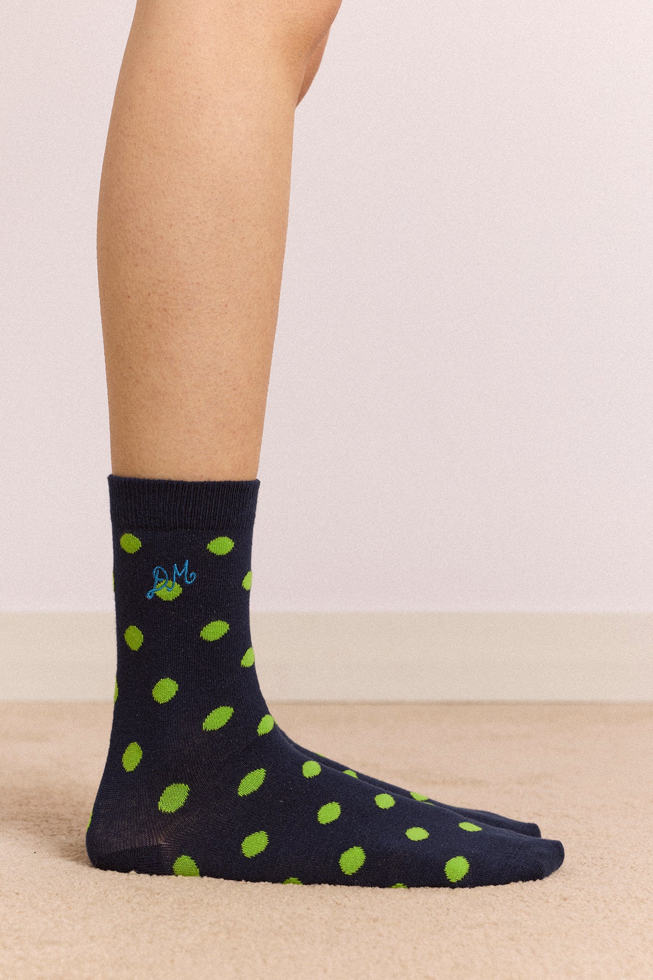 2 Pack Calf Length Socks - Navy/Green Stripe/Spot - Image 4