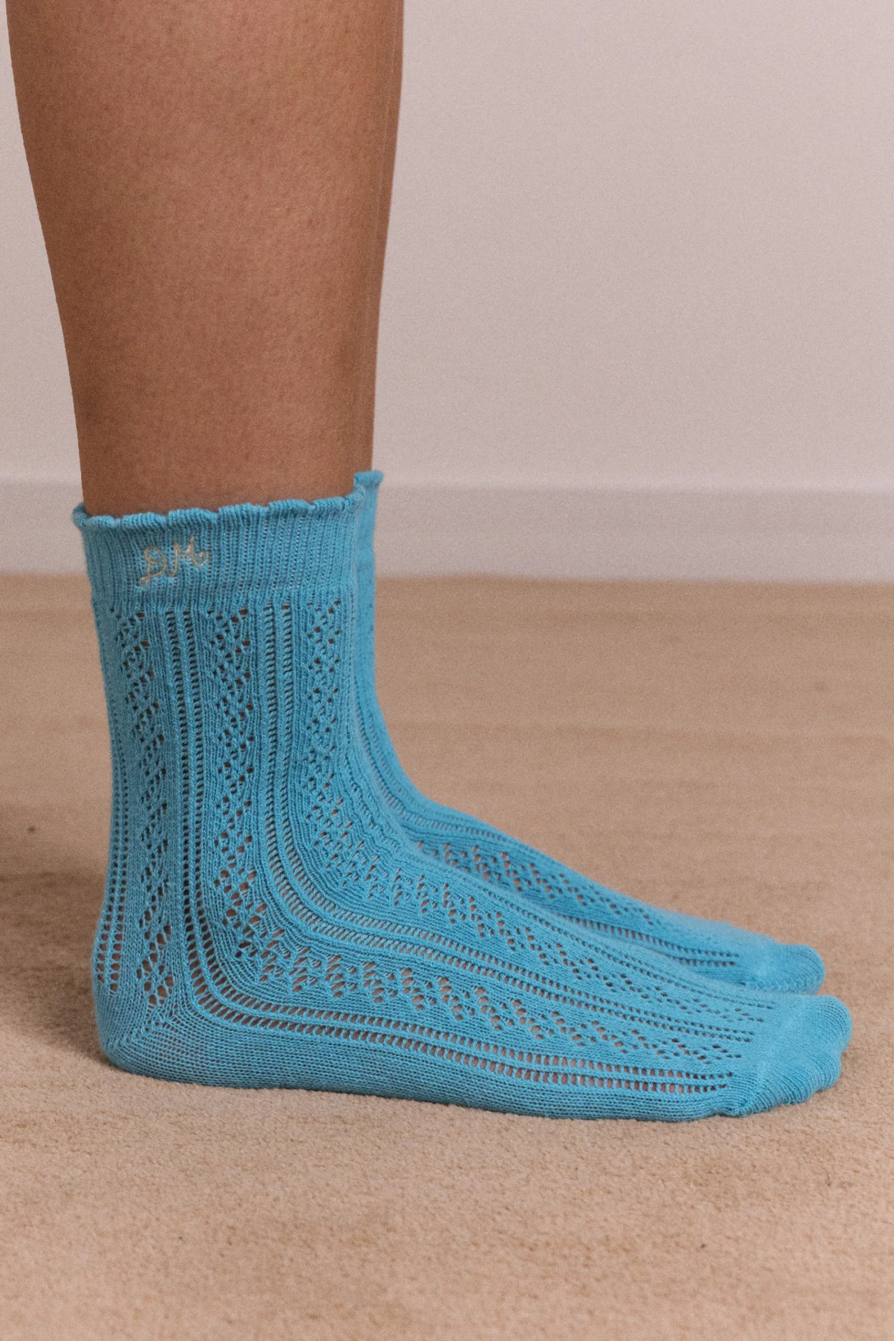 Calf Length 2 Pack Pointelle Socks- Celery & Aqua - Image 3