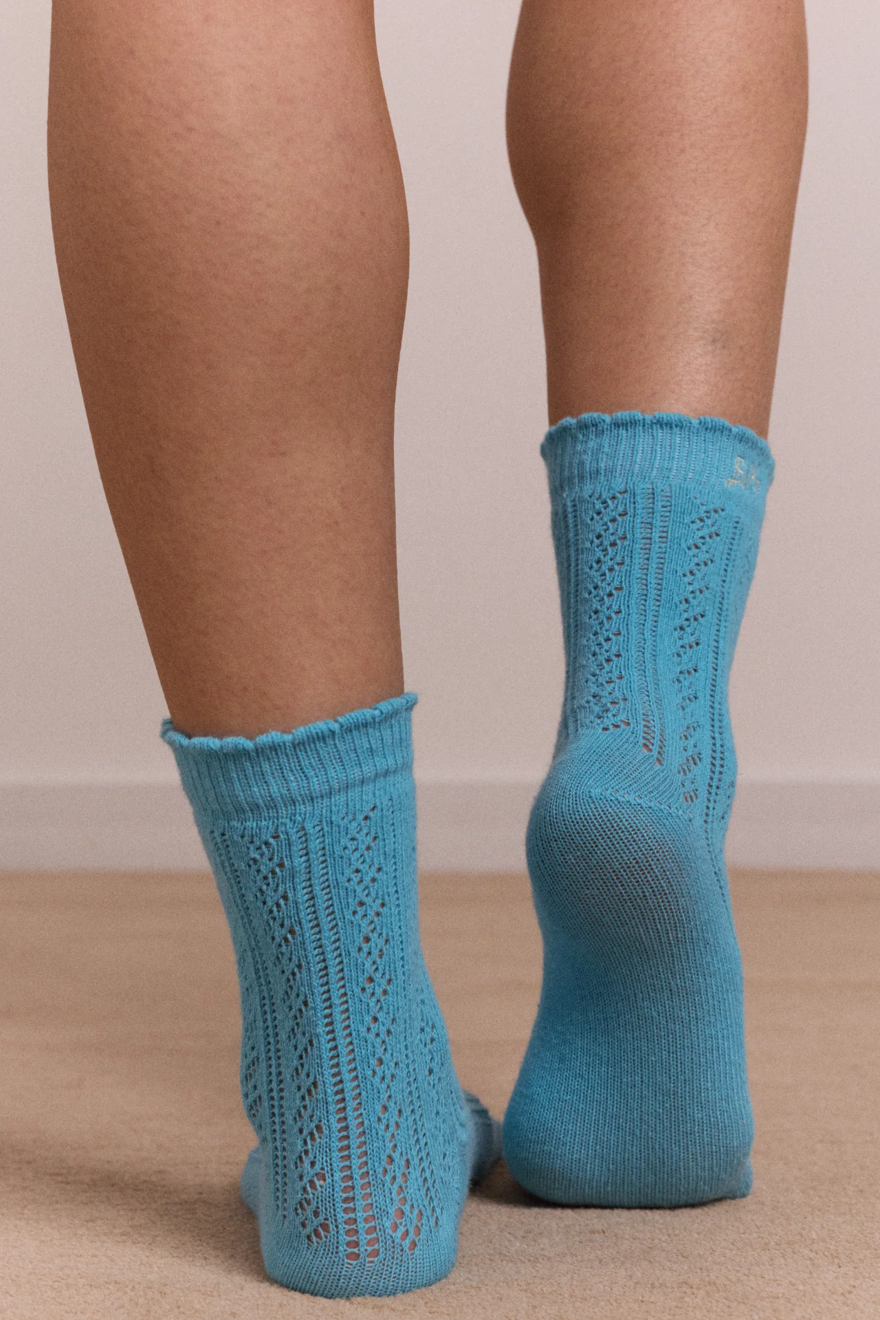 Calf Length 2 Pack Pointelle Socks- Celery & Aqua - Image 6