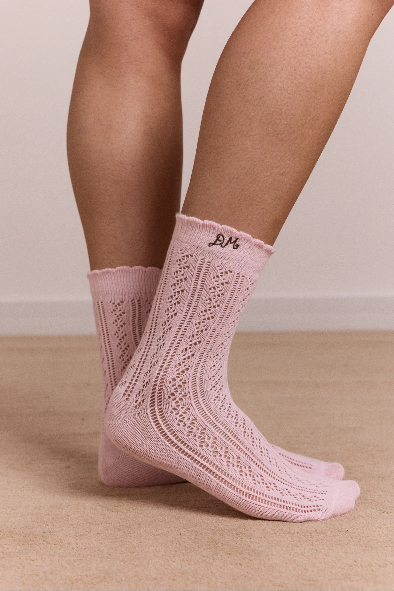 Calf Length 2 Pack Pointelle Socks - Choc & Pink - Image 3