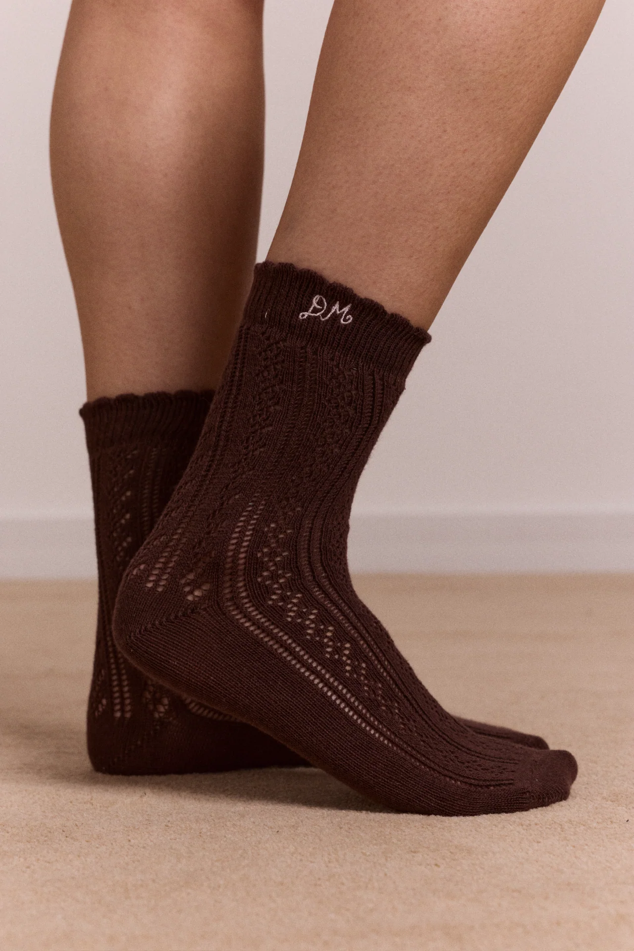 Calf Length 2 Pack Pointelle Socks - Choc & Pink - Image 4