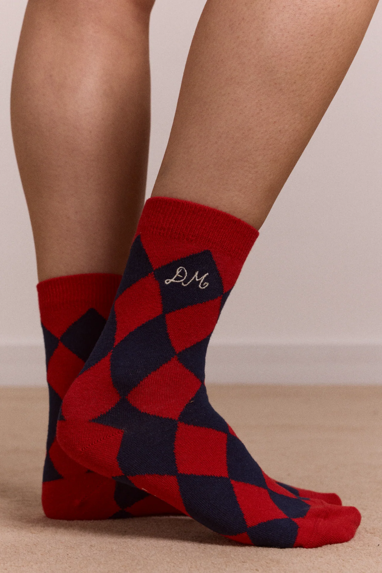 Calf Length Socks - Navy & Red Harlequin - Image 2