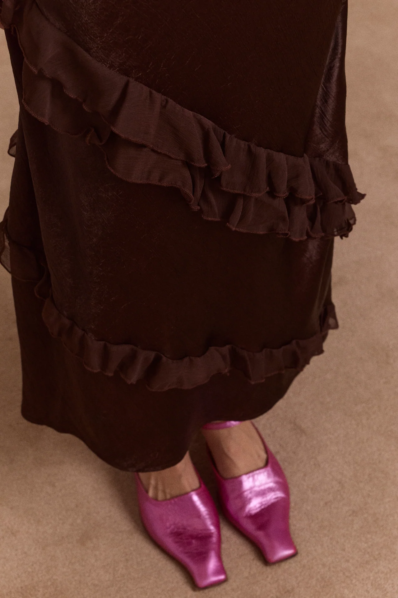 Carmen Midi Ruffle Dress With Sheer Top - Choc - Image 12