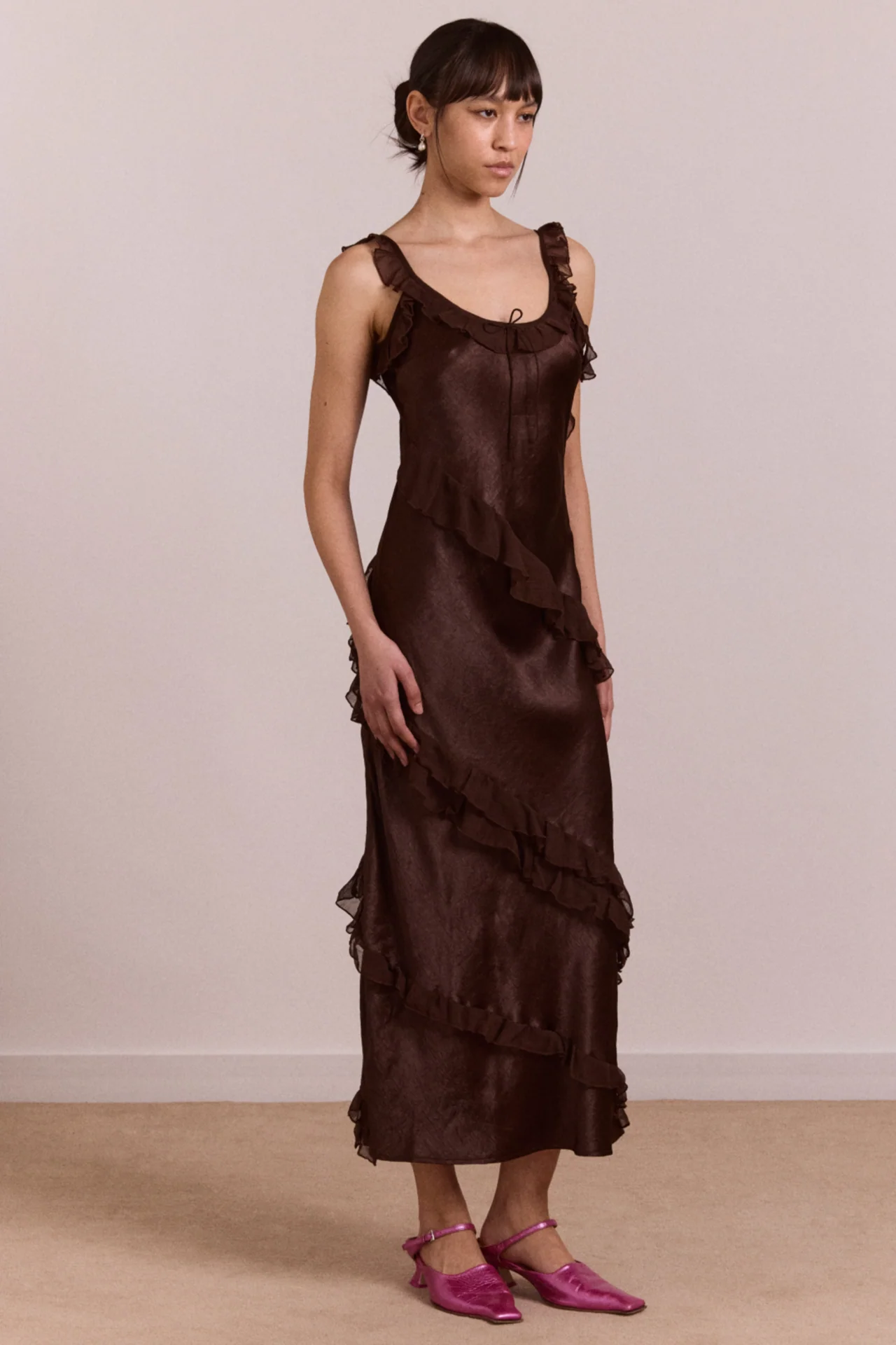 Carmen Midi Ruffle Dress With Sheer Top - Choc - Image 3
