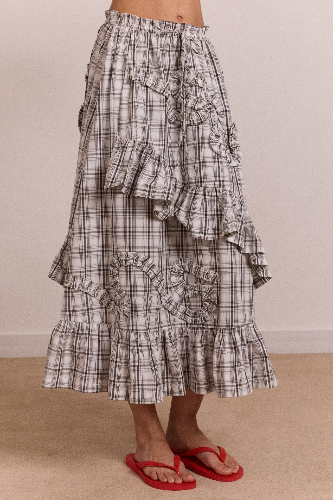 Catie Ruffle Midi Skirt - Greyscale Check - Image 4