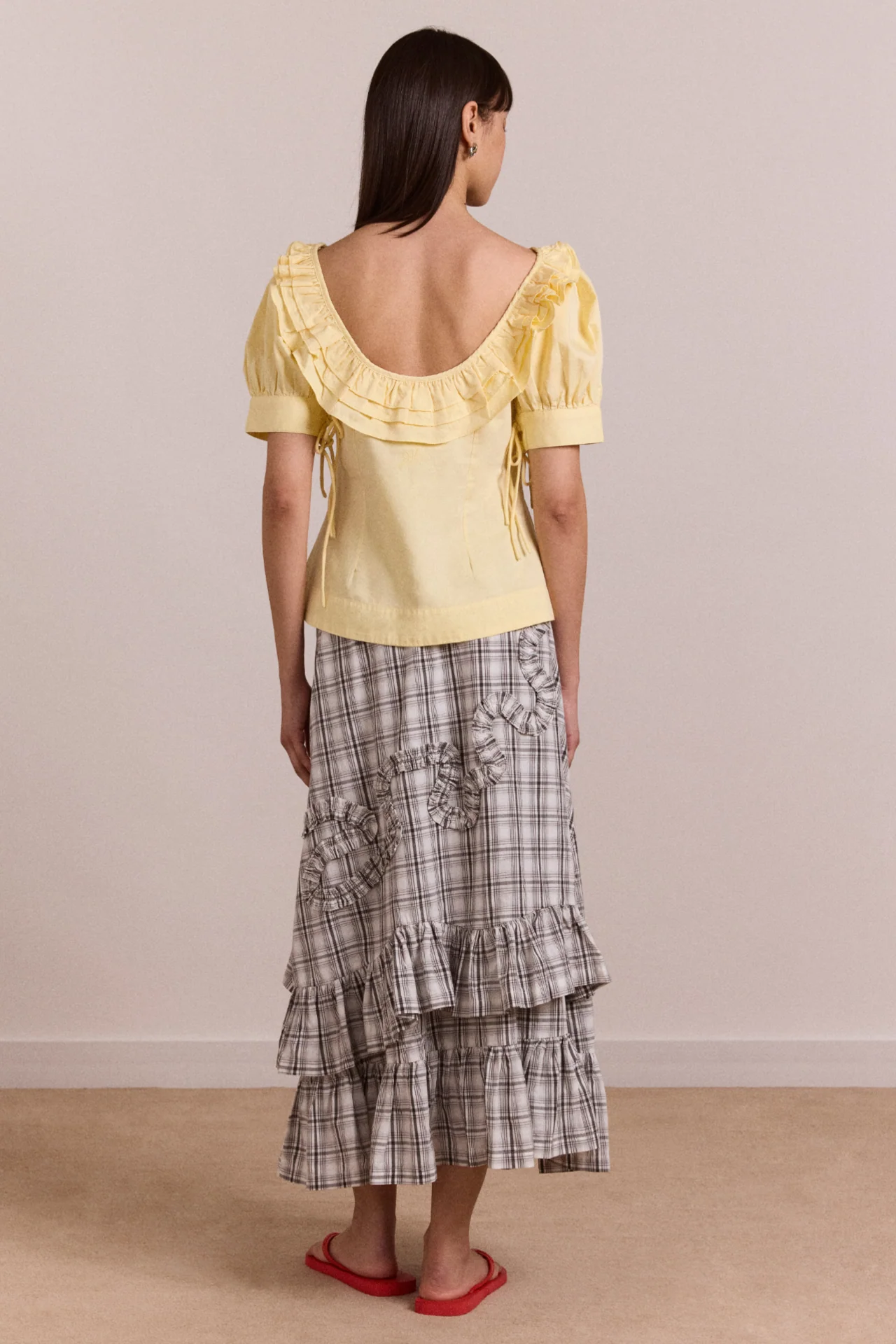 Catie Ruffle Midi Skirt - Greyscale Check - Image 5