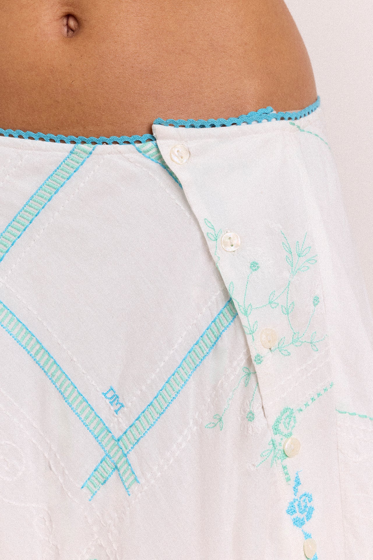 Corinne Hanky Hem Midi Skirt - White/Blue Embroidery - Image 7