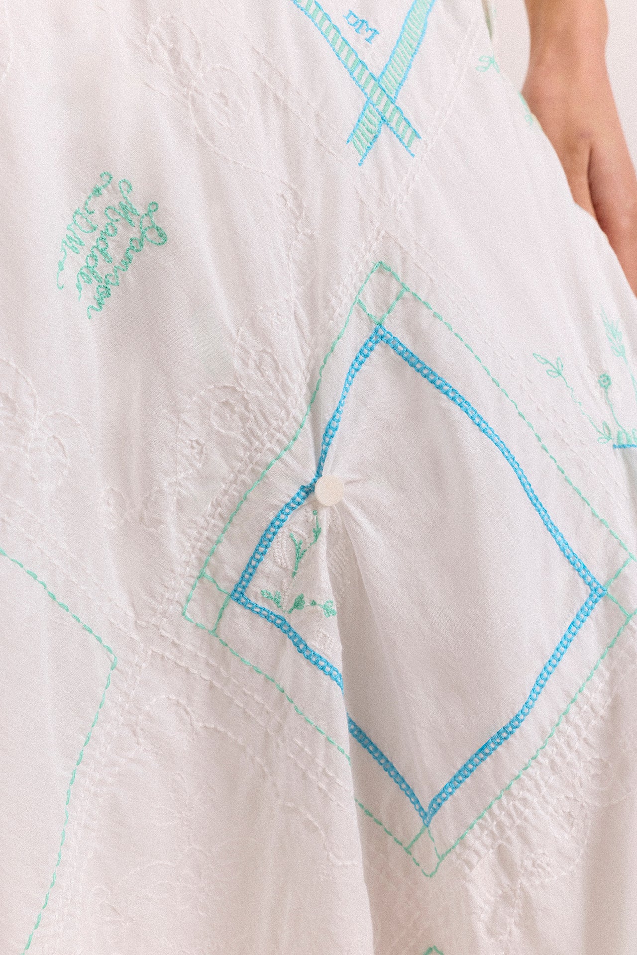 Corinne Hanky Hem Midi Skirt - White/Blue Embroidery - Image 9