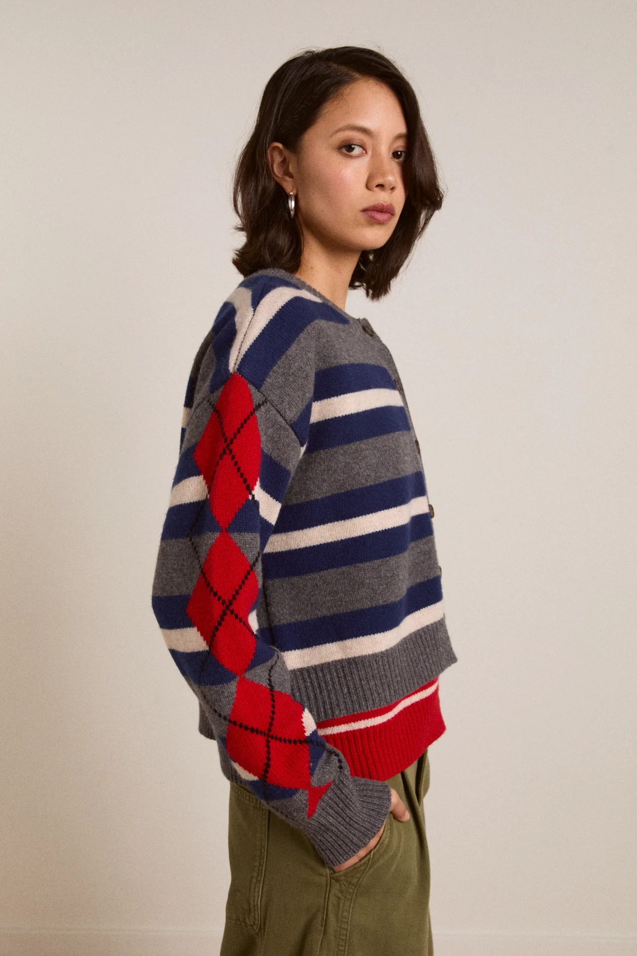 Didi Merino Wool Double Cardigan - Navy Argyle & Stripe - Image 3