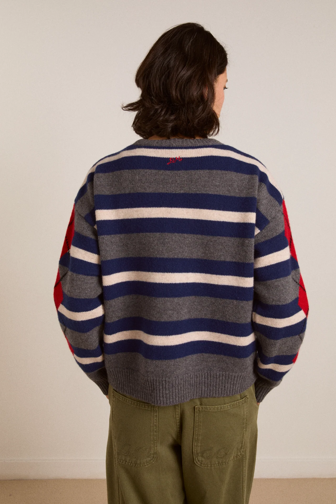 Didi Merino Wool Double Cardigan - Navy Argyle & Stripe - Image 4
