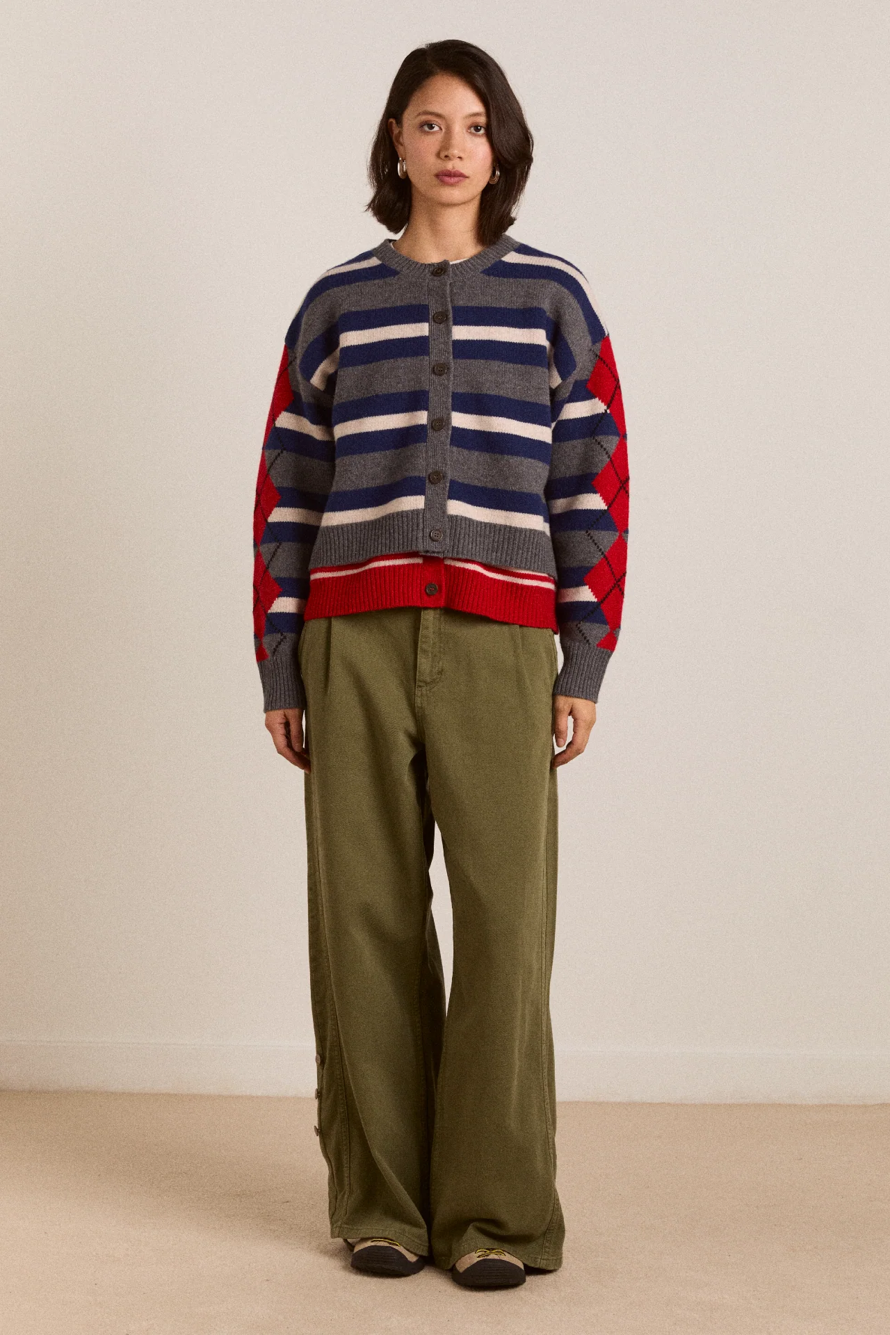 Didi Merino Wool Double Cardigan - Navy Argyle & Stripe - Image 5