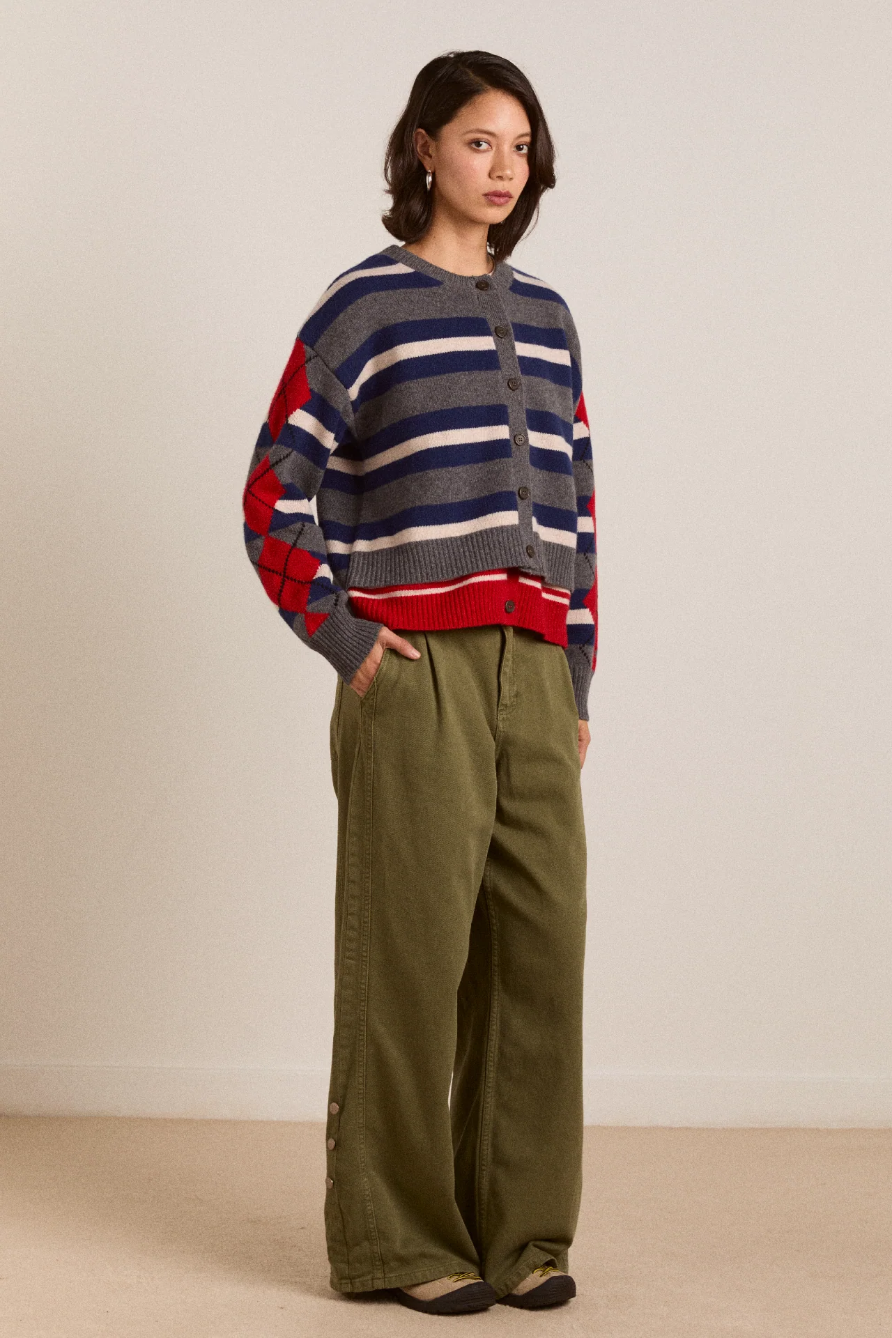 Didi Merino Wool Double Cardigan - Navy Argyle & Stripe - Image 6