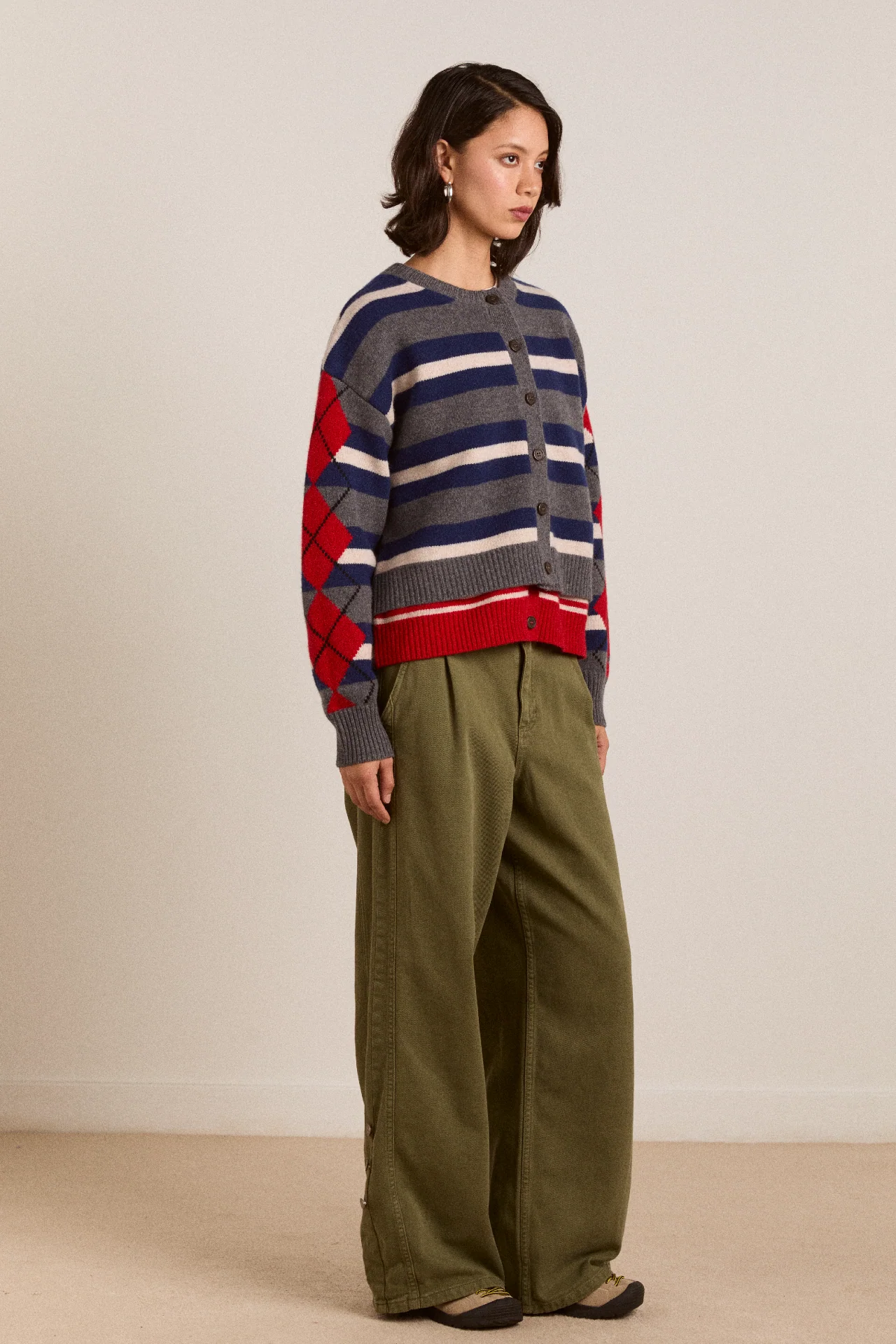 Didi Merino Wool Double Cardigan - Navy Argyle & Stripe - Image 7