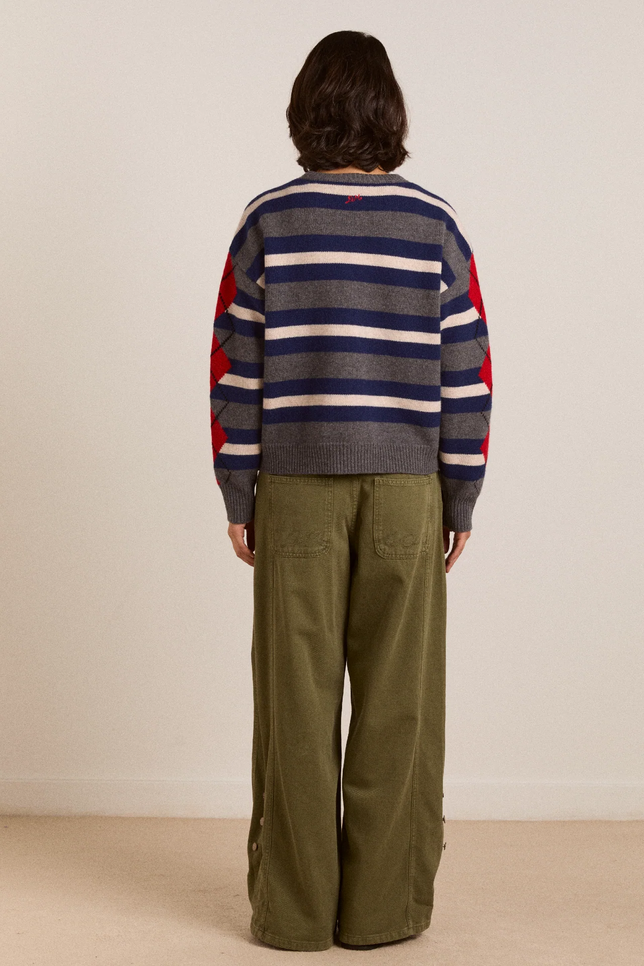 Didi Merino Wool Double Cardigan - Navy Argyle & Stripe - Image 8