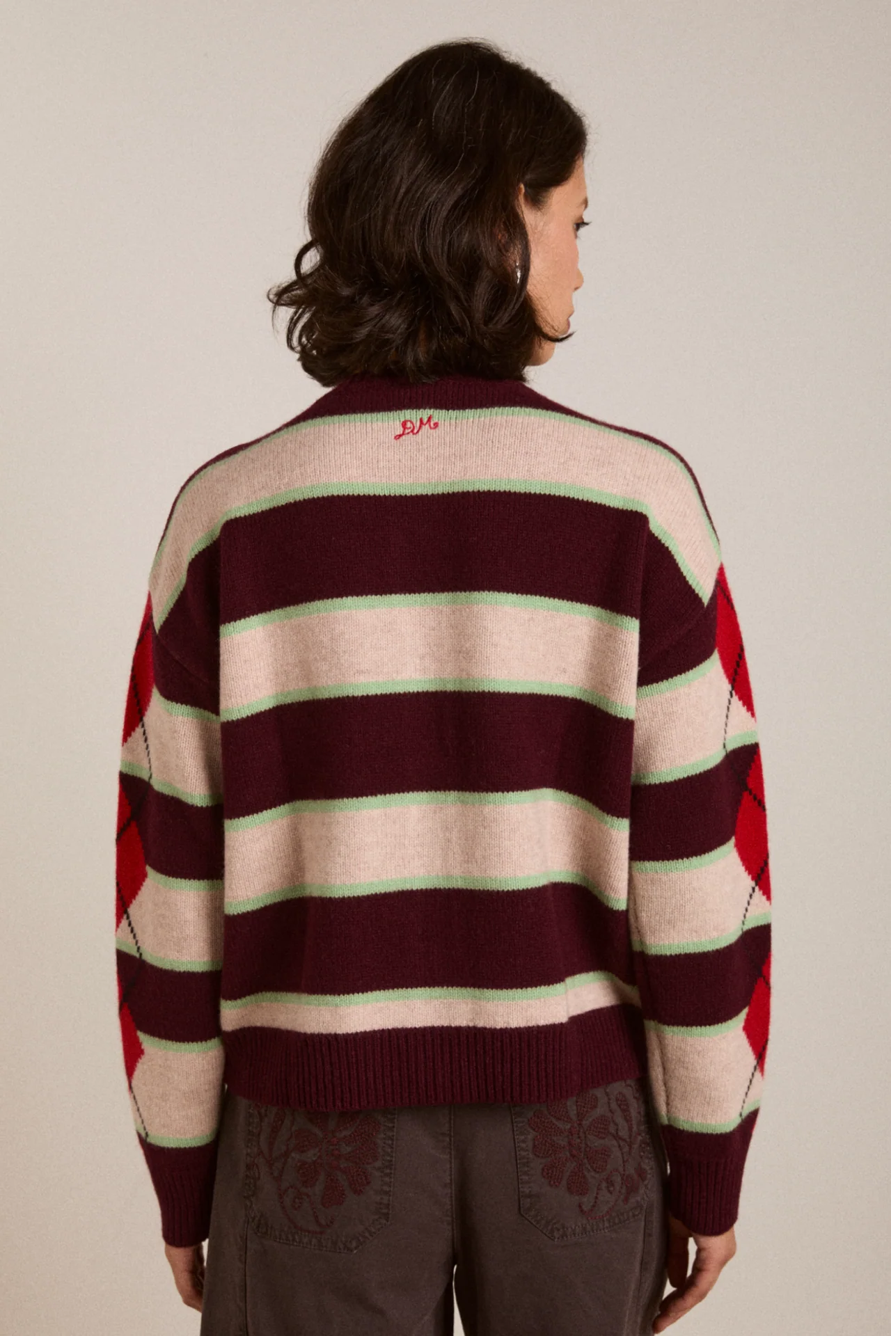 Didi Merino Wool Double Cardigan - Burg Argyle & Stripe - Image 4