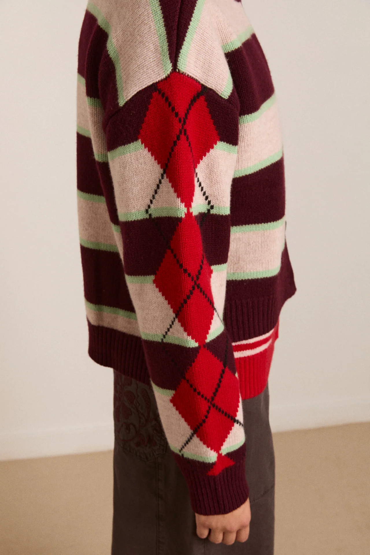 Didi Merino Wool Double Cardigan - Burg Argyle & Stripe - Image 7