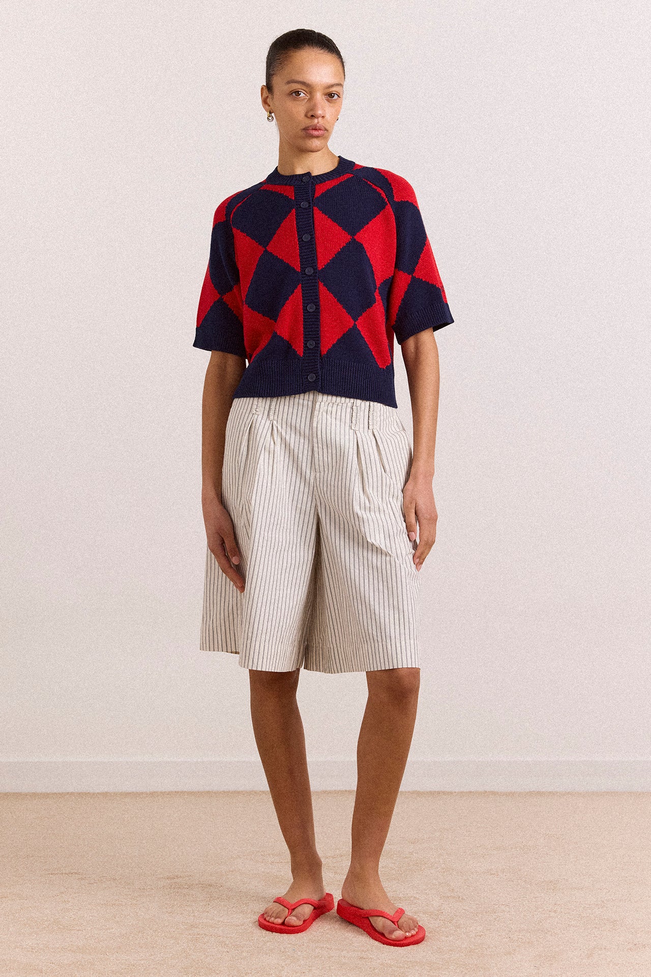 Edie Cotton Harlequin Cardigan - Red & Navy - Image 3