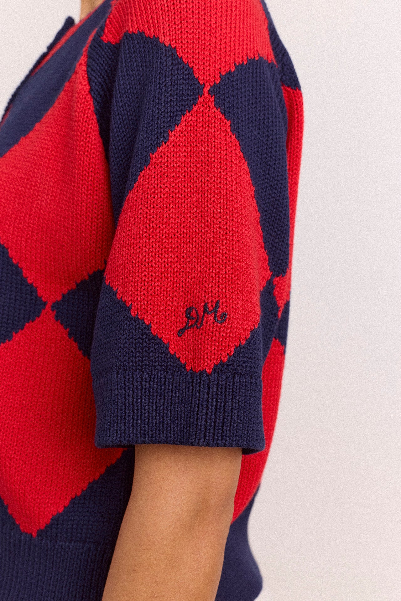 Edie Cotton Harlequin Cardigan - Red & Navy - Image 6