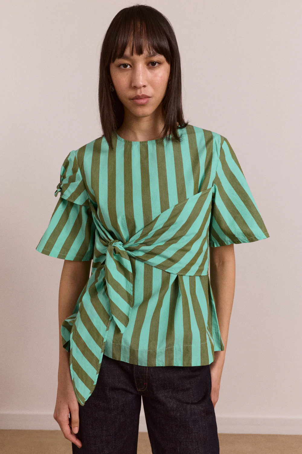 Estelle T-Shirt Blouse - Aqua Olive Stripe - Image 3
