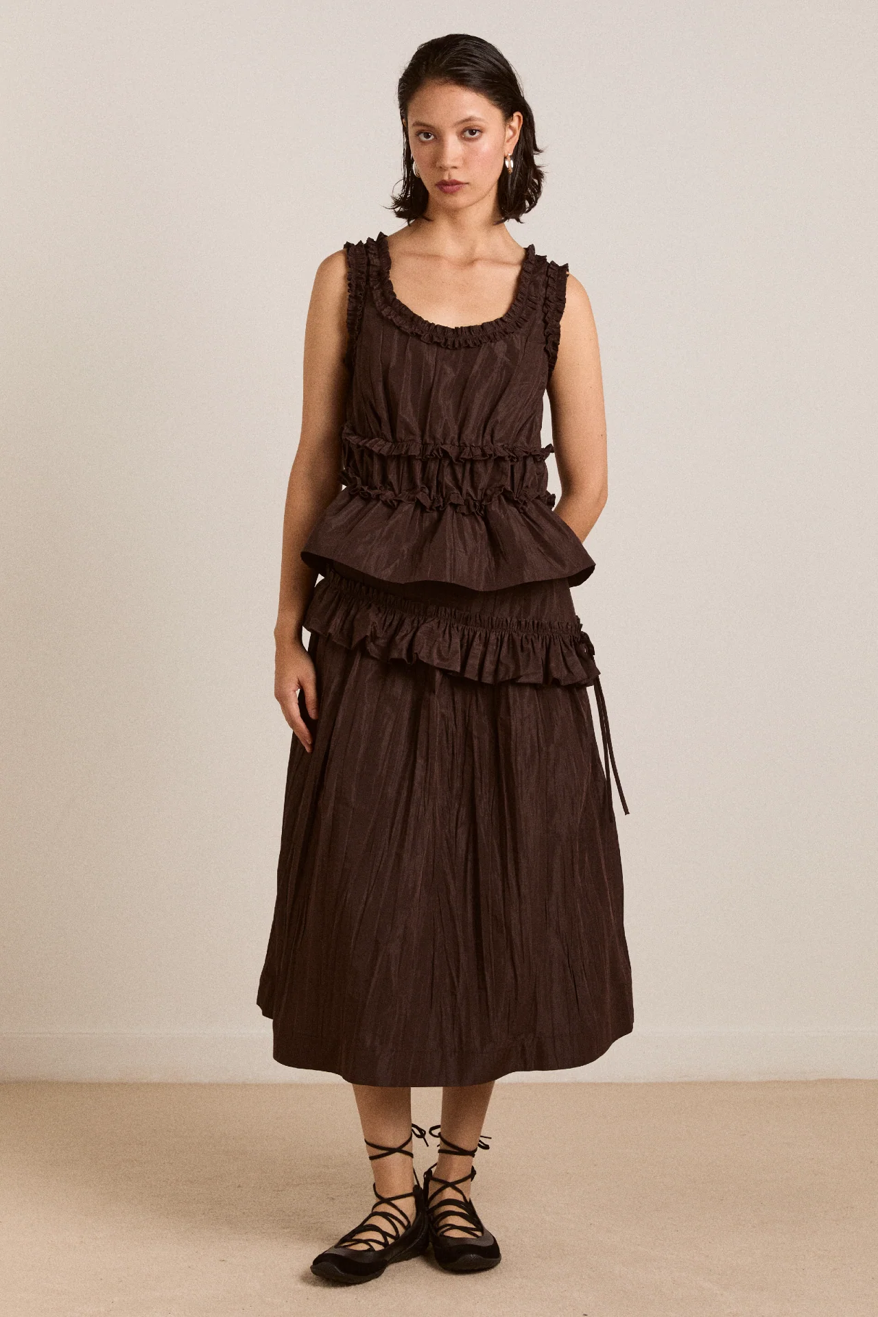 Everly Ruffle Blouse - Choc Taffeta - Image 5