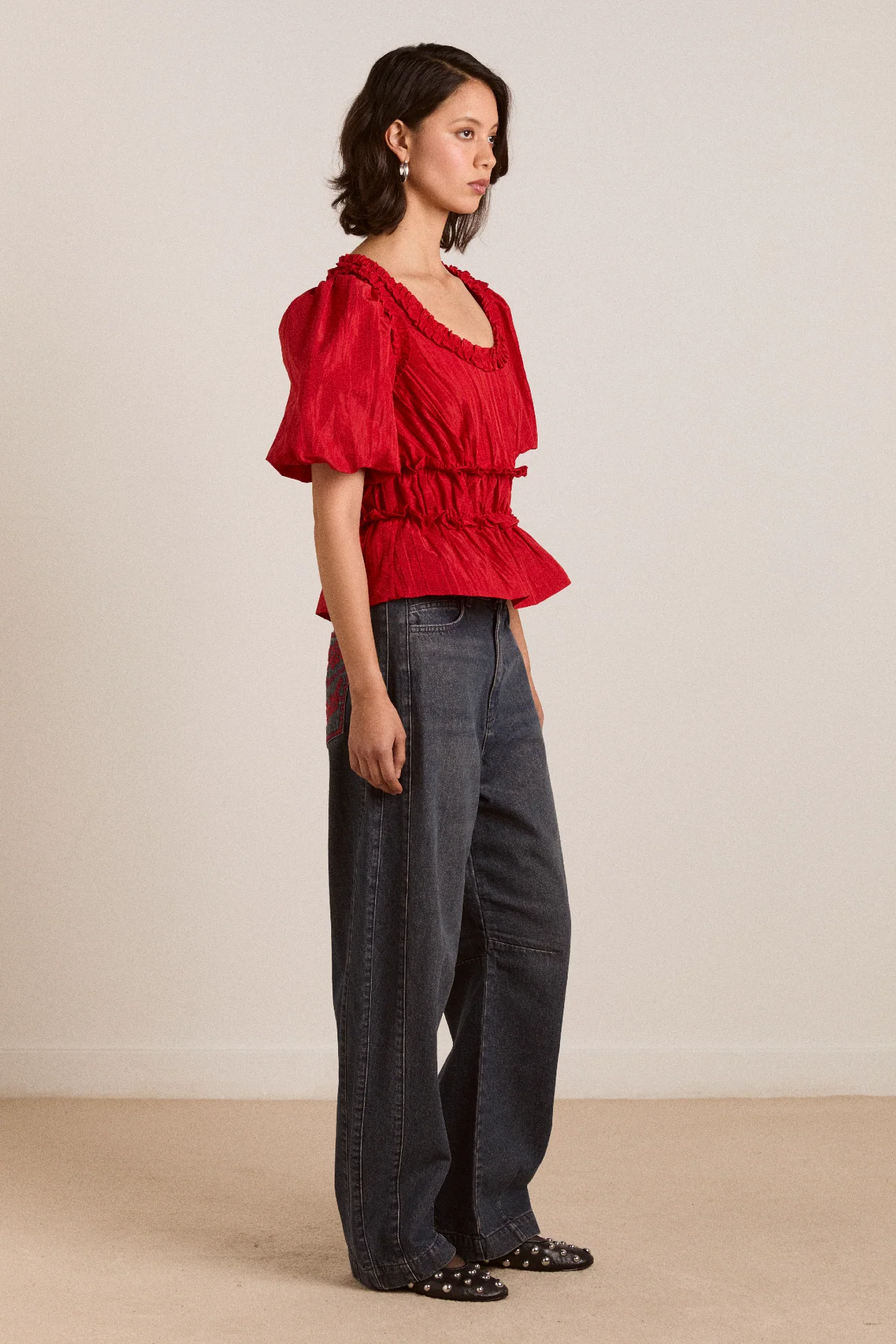 Everly Ruffle Blouse Red Tafetta - Image 3