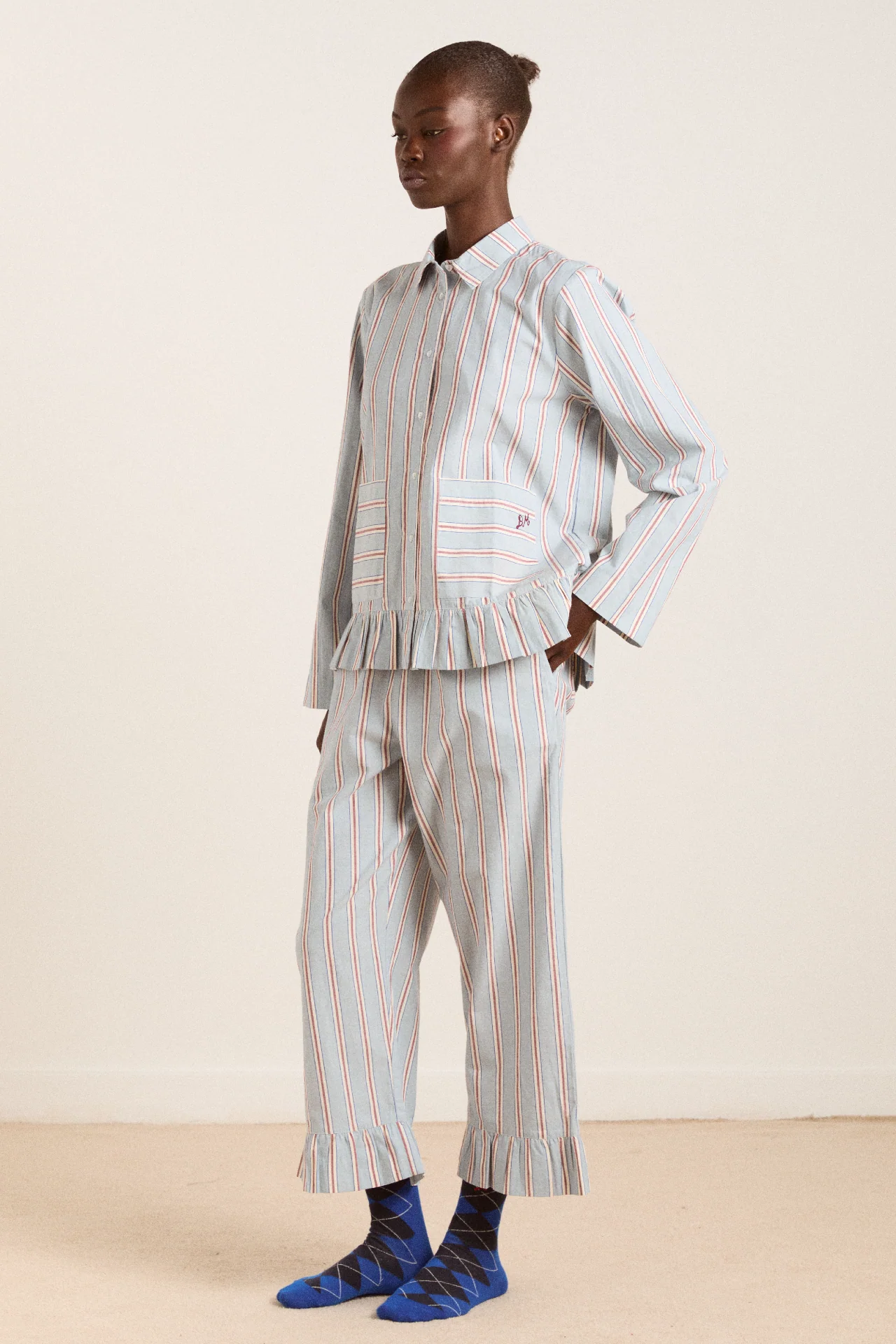 Frill Florie Pj Set - Blue/Burg Stripe - Image 8