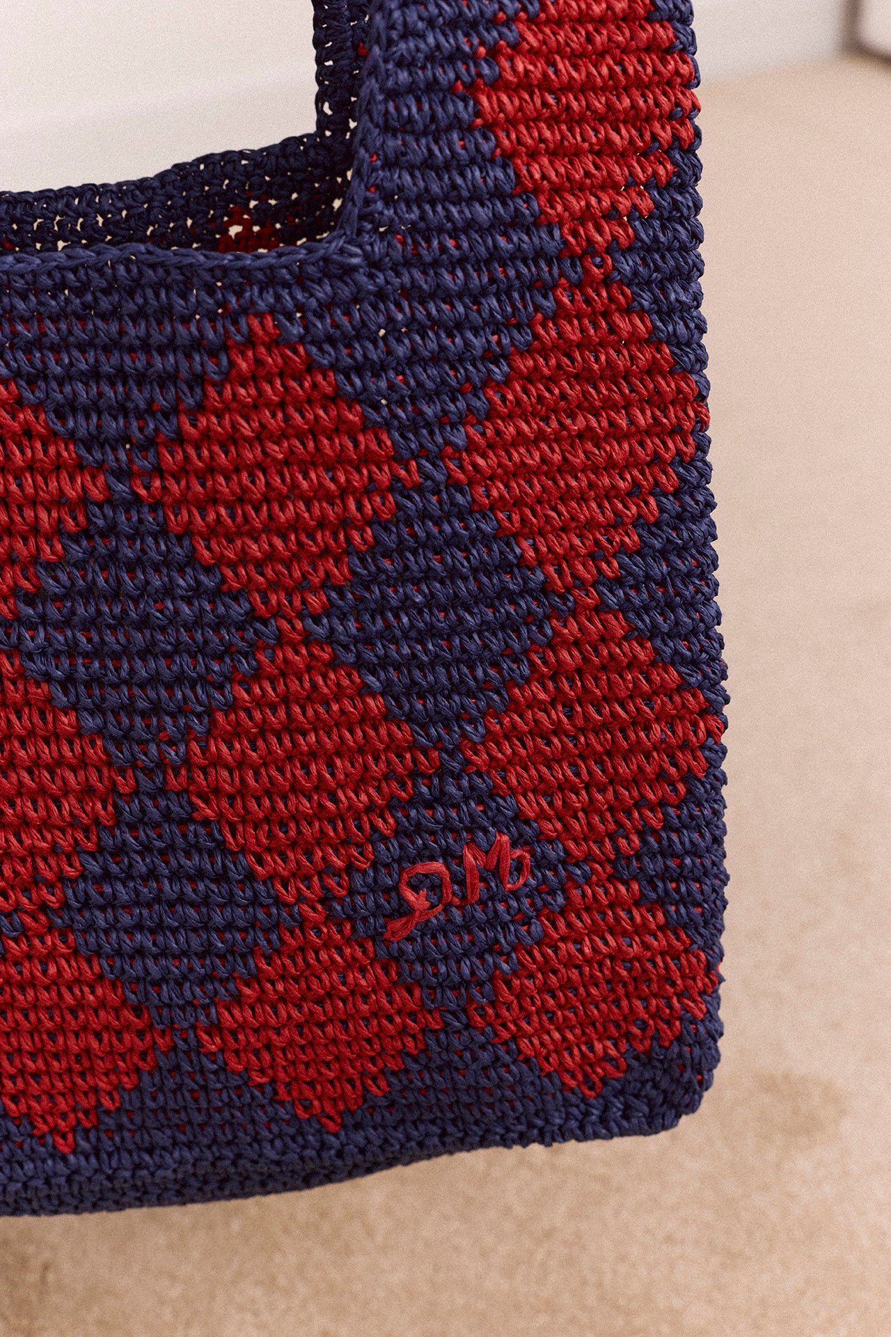 Harlequinn Raffia Tote Bag - Navy & Red - Image 3