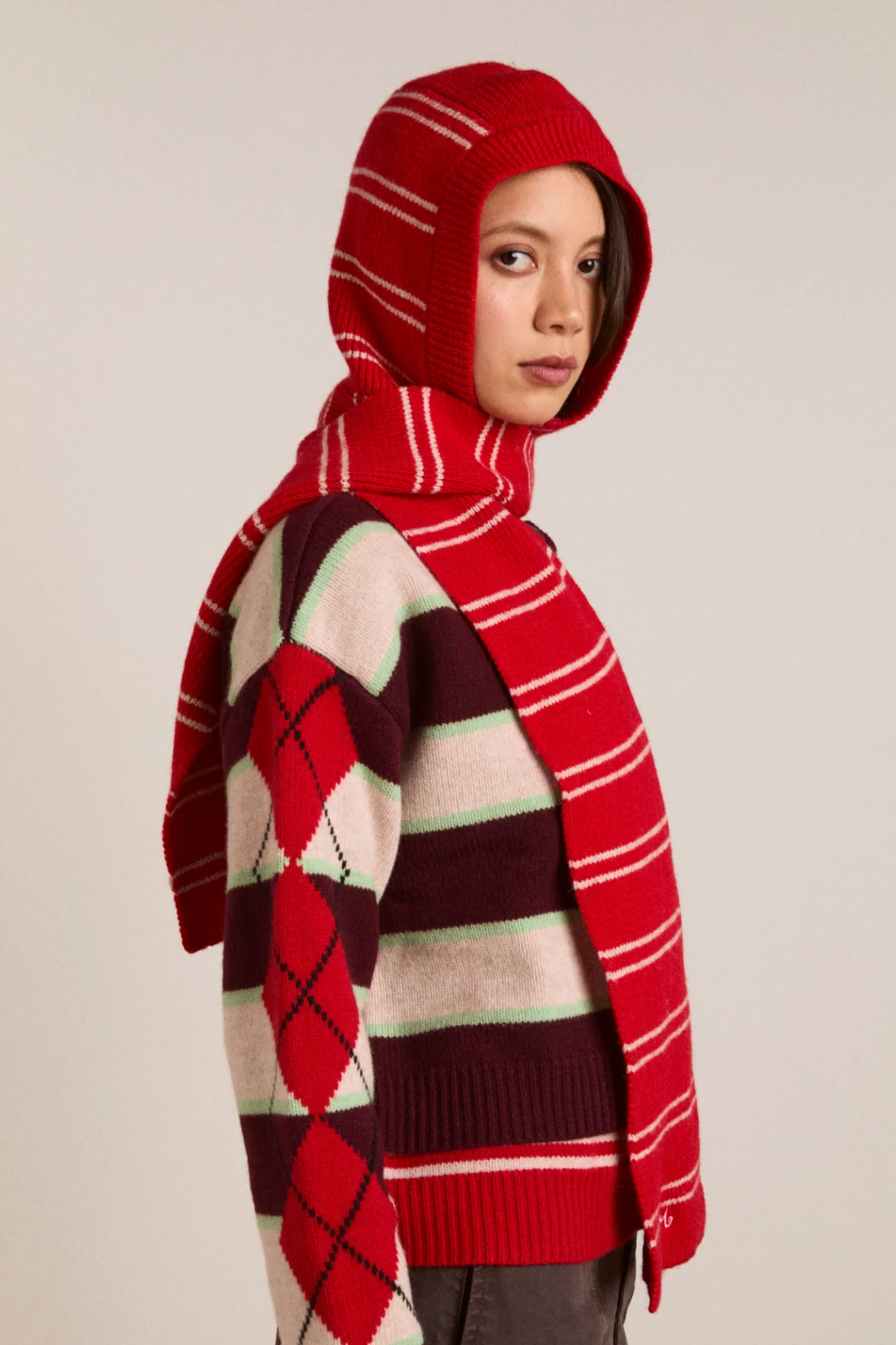 Hooded Scarf - Red & Oatmeal Stripe - Image 2