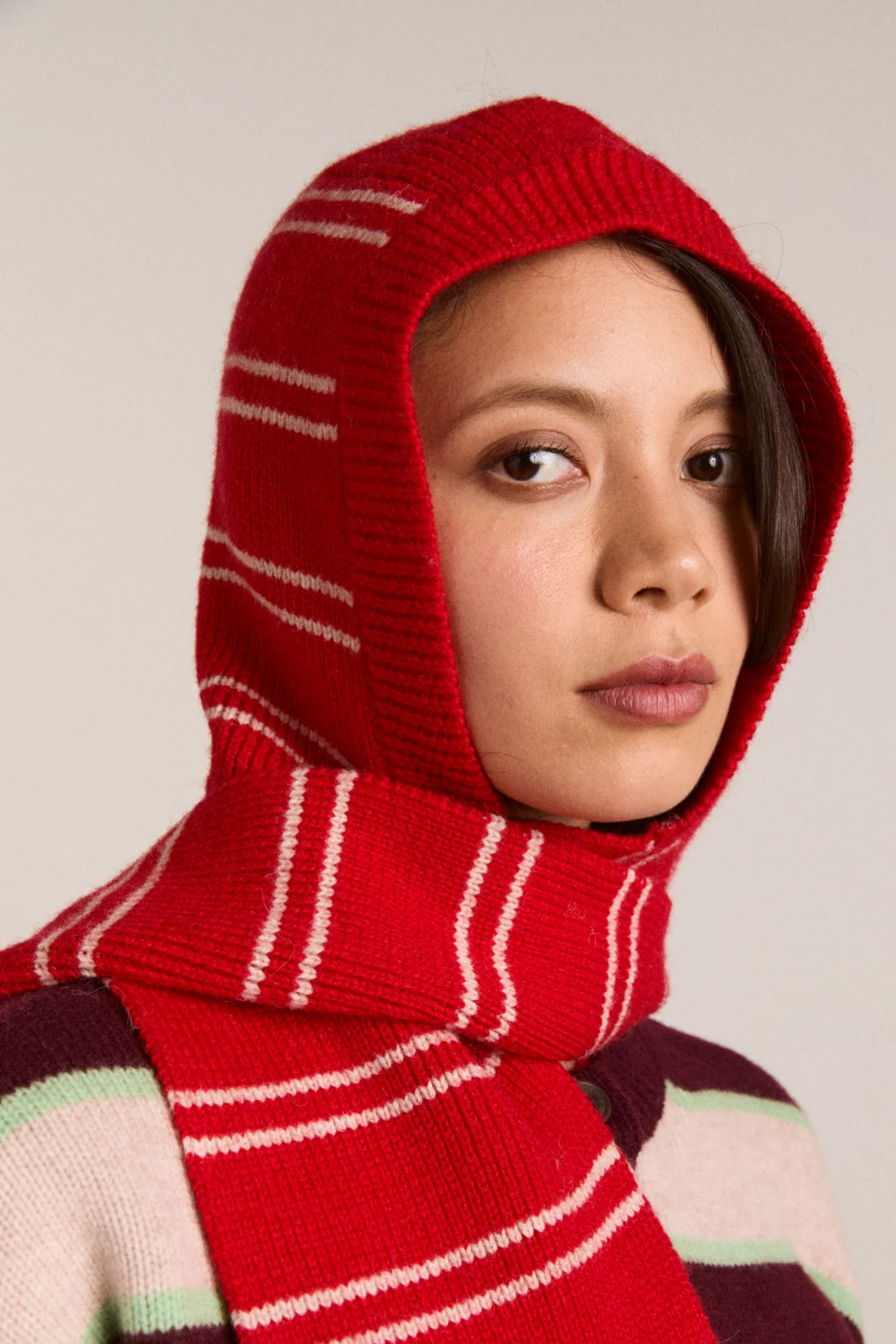 Hooded Scarf - Red & Oatmeal Stripe - Image 3