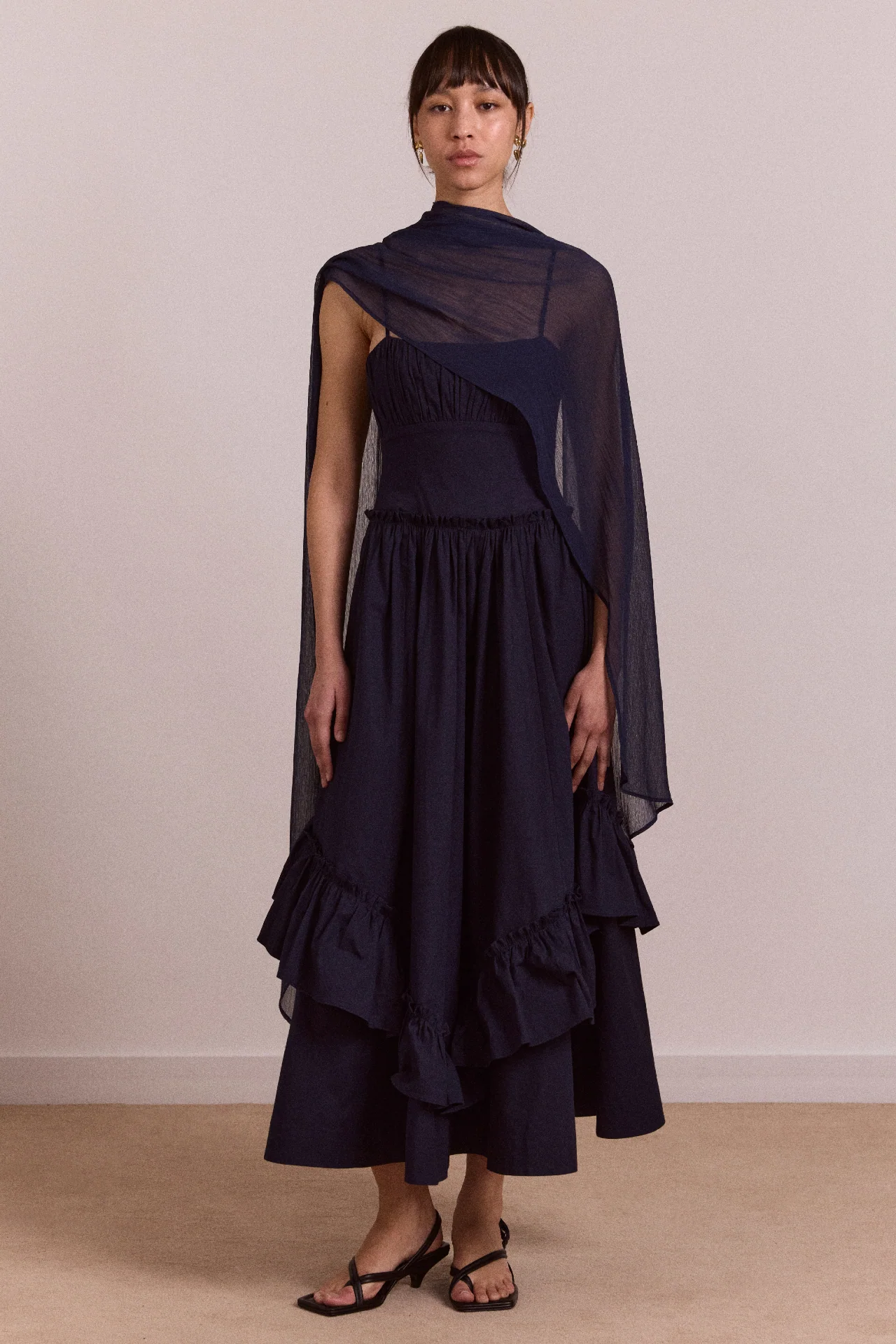Juno Midi Dress With Sheer Scarf- Navy - Image 3
