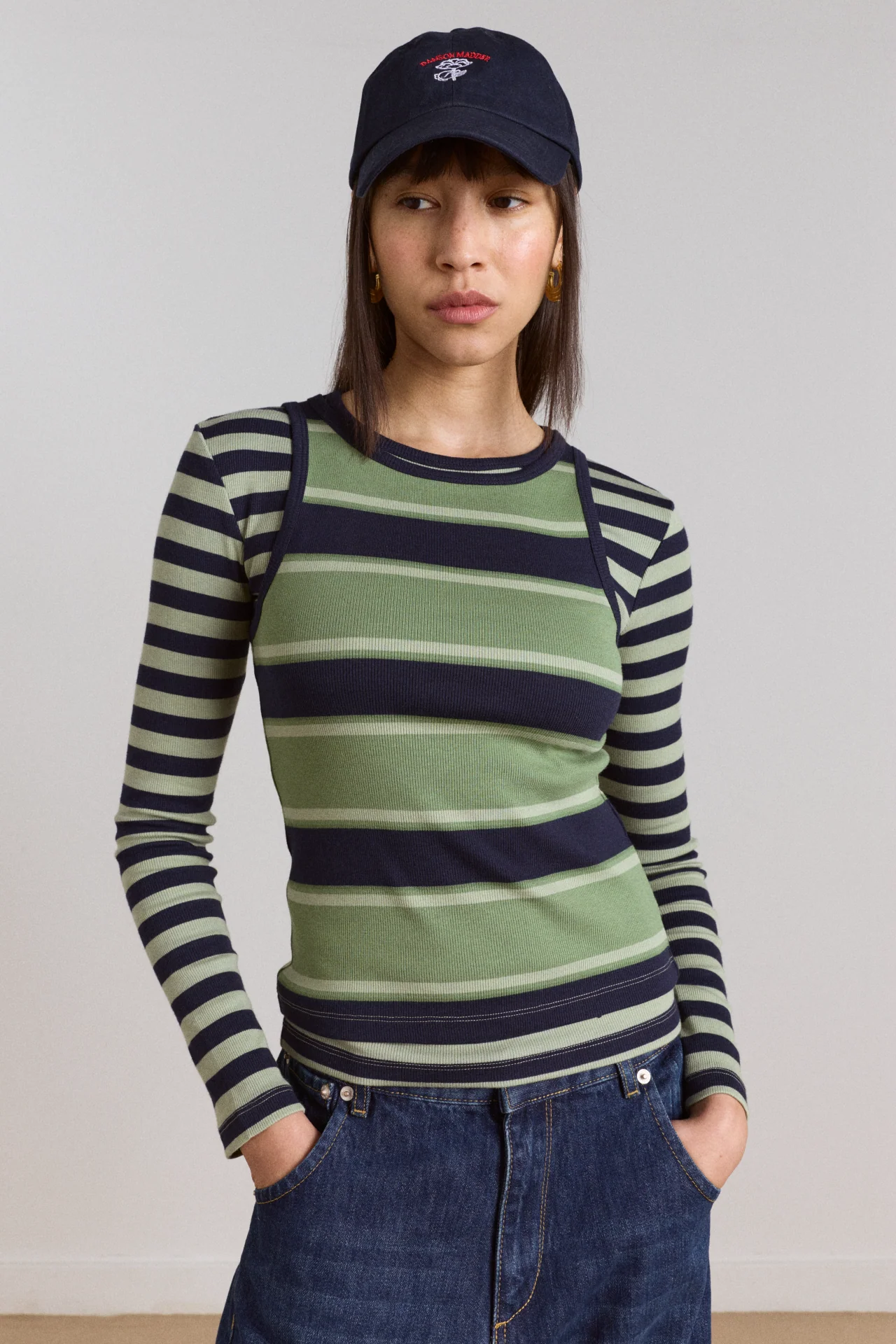 Manon Layered 2 In 1 Top - Green Stripe - Image 3