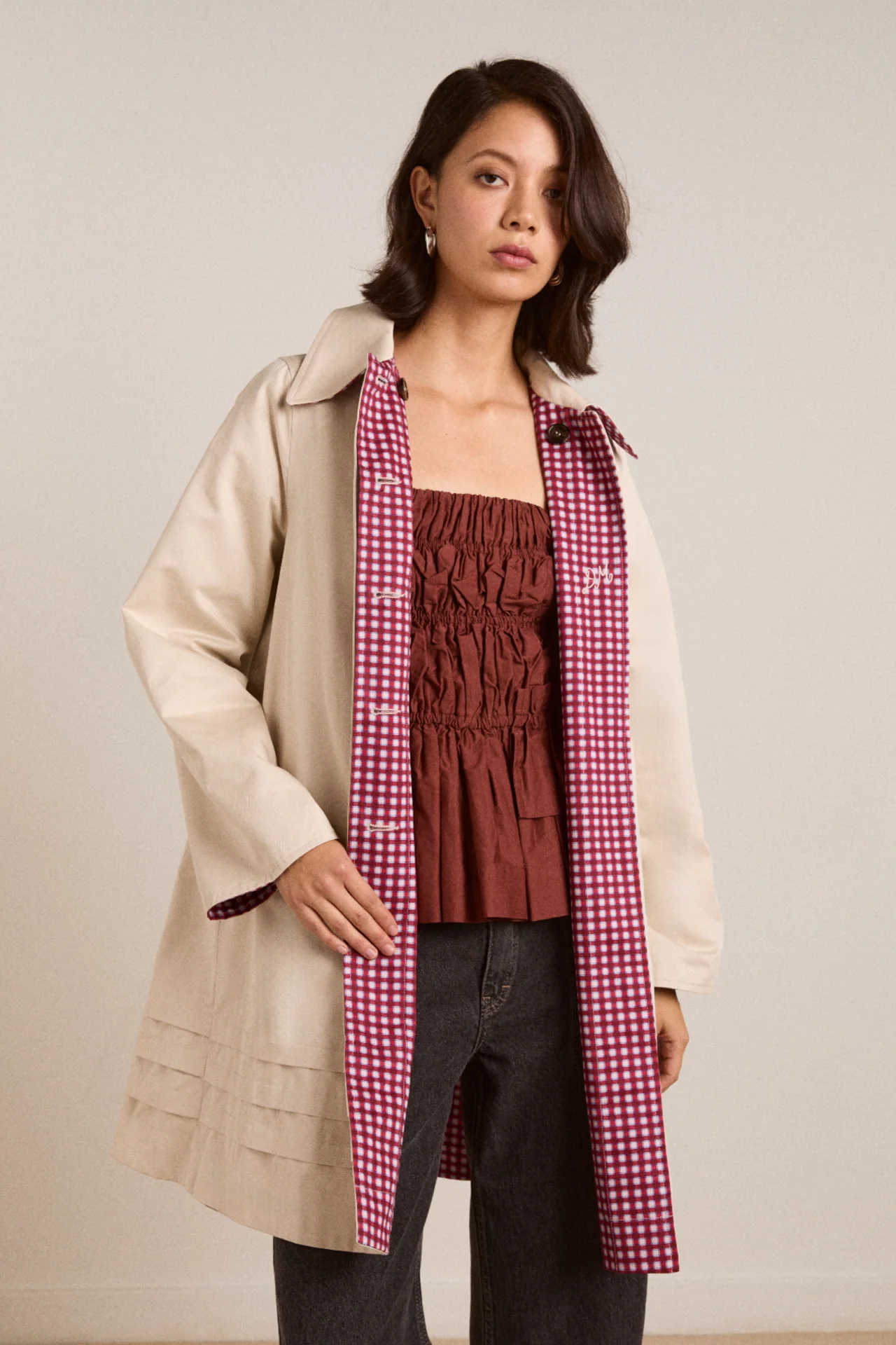 Mercedes Bow Reversible Trench - Gingham & Ecru - Image 3