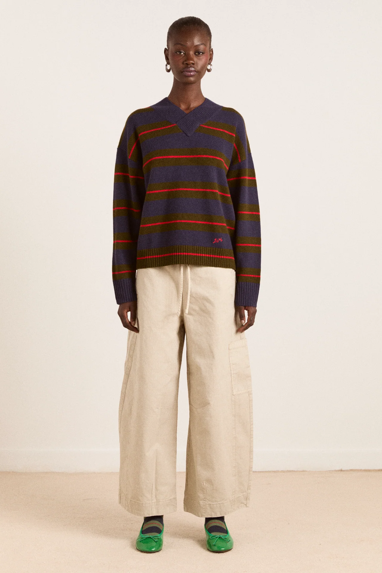 Odette V-Neck Merino Wool Jumper-Olive/Navy Stripe - Image 3