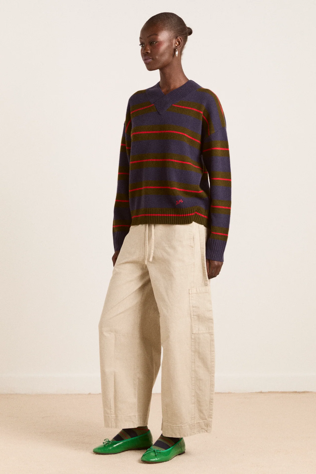 Odette V-Neck Merino Wool Jumper-Olive/Navy Stripe - Image 6