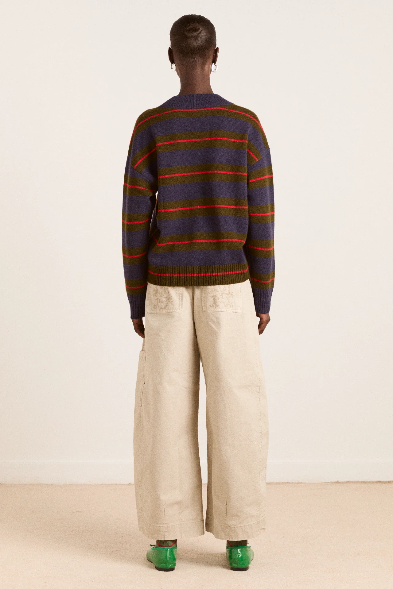 Odette V-Neck Merino Wool Jumper-Olive/Navy Stripe - Image 9