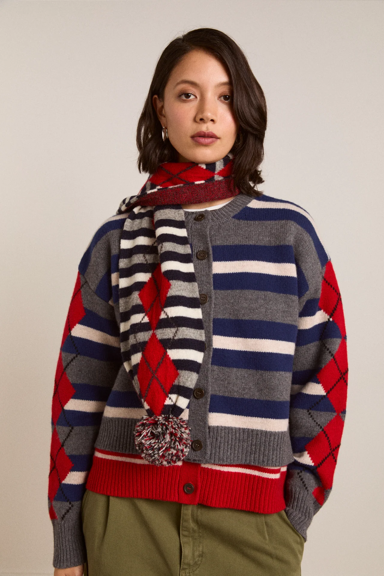 Pom Pom Scarf - Argyle Stripe - Image 3