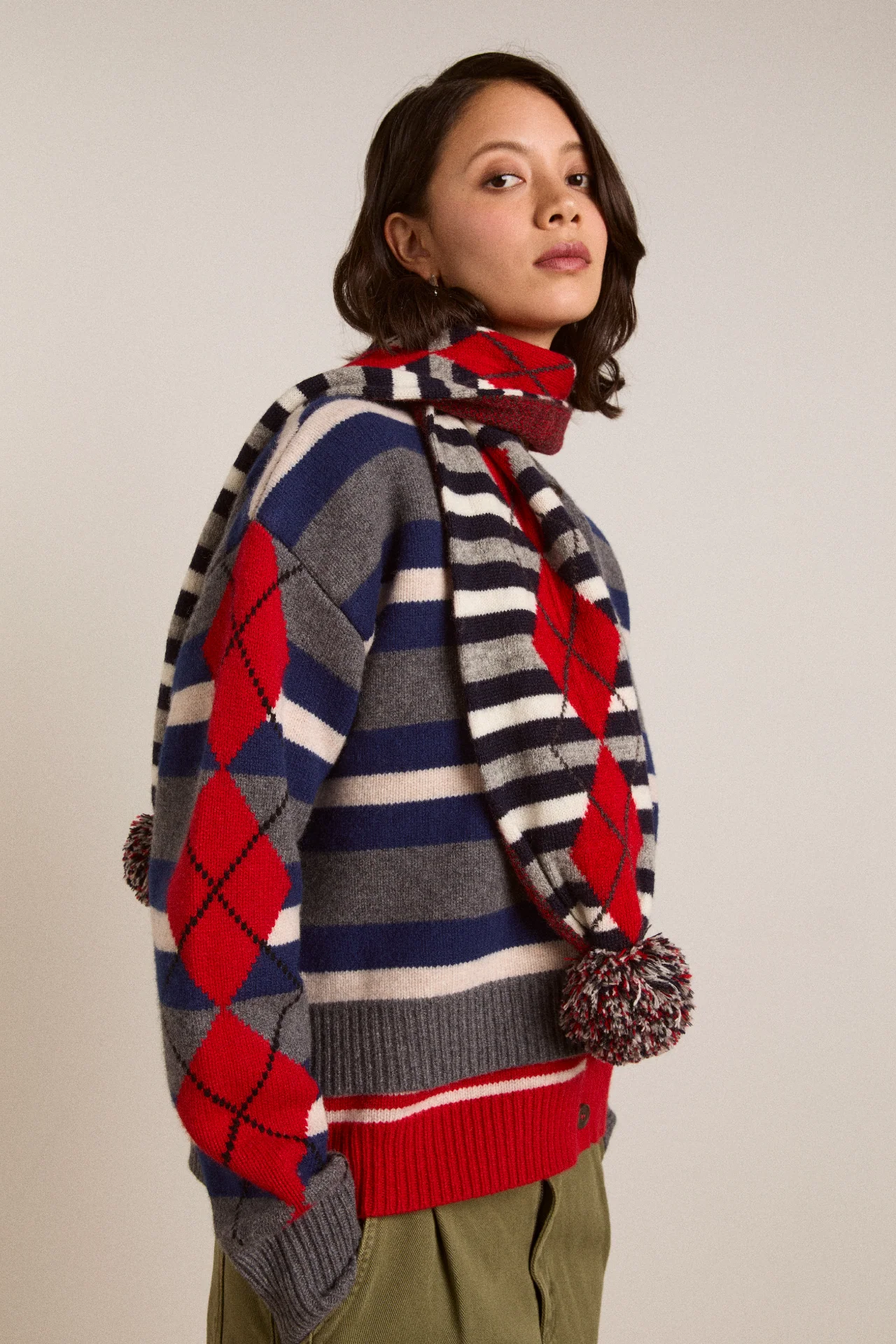 Pom Pom Scarf - Argyle Stripe - Image 4