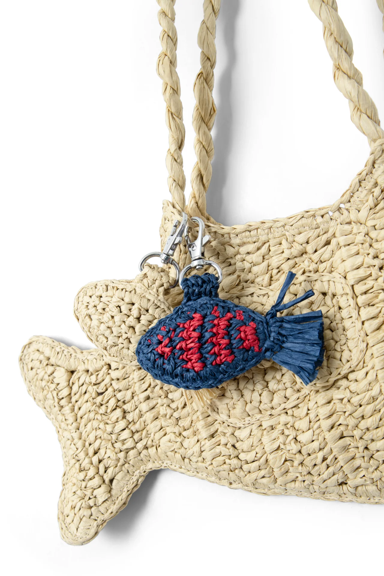 Raffia Fish Bag Charm - Blue & Red Stripe - Image 2