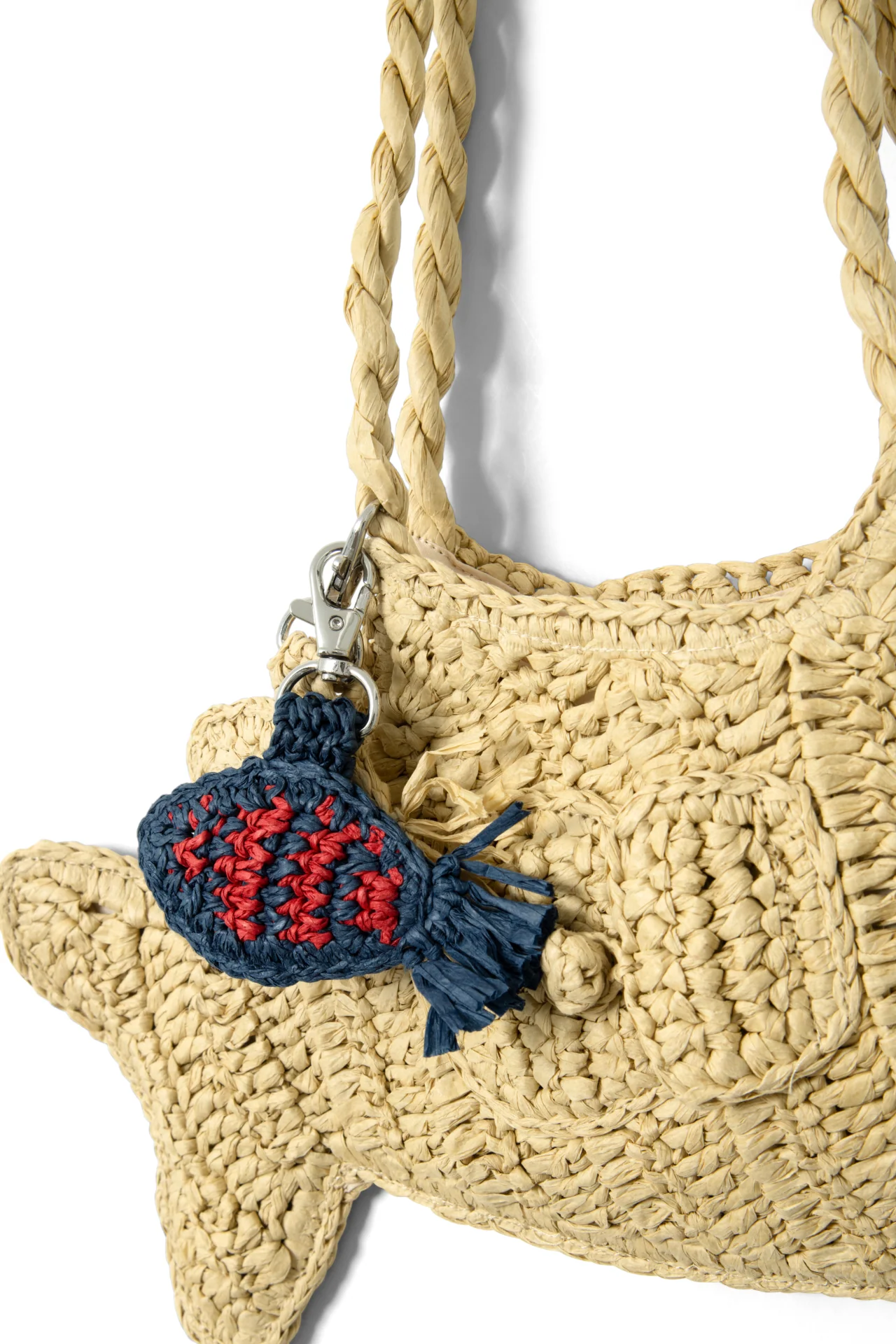 Raffia Fish Bag Charm - Blue & Red Stripe - Image 3