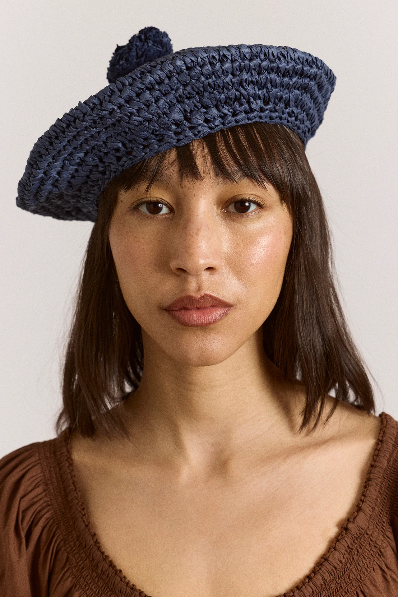 Raffia Pom Pom Beret - Navy - Image 3