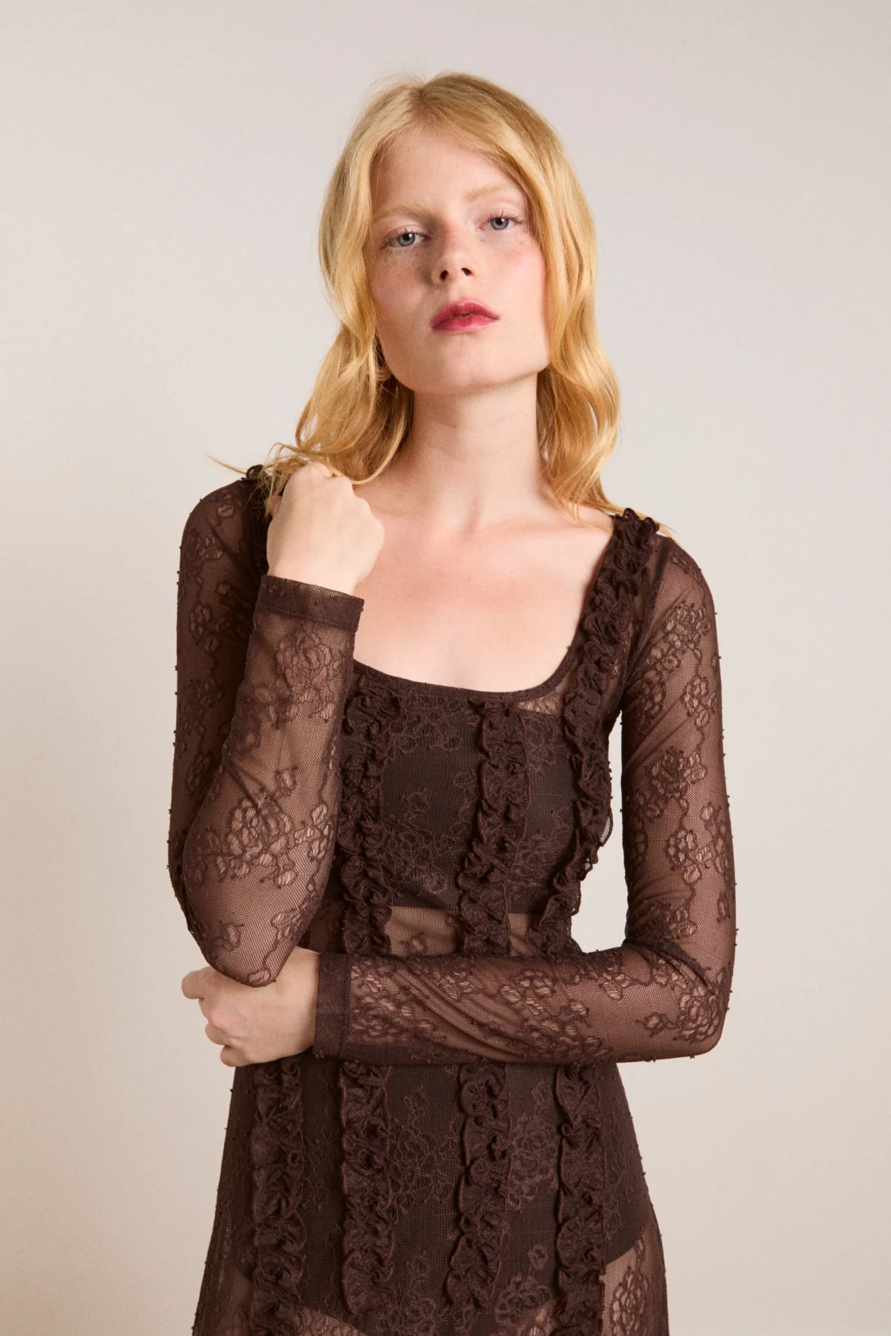 Raphi Lace Midi Dress - Coffee - Image 3