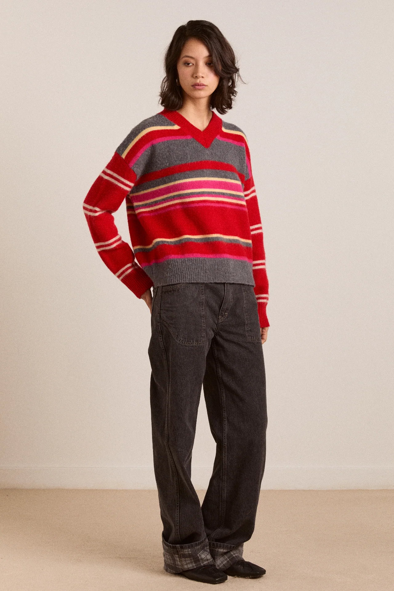 Rene Merino Wool V Jumper Pink/Red Stripe - Image 3