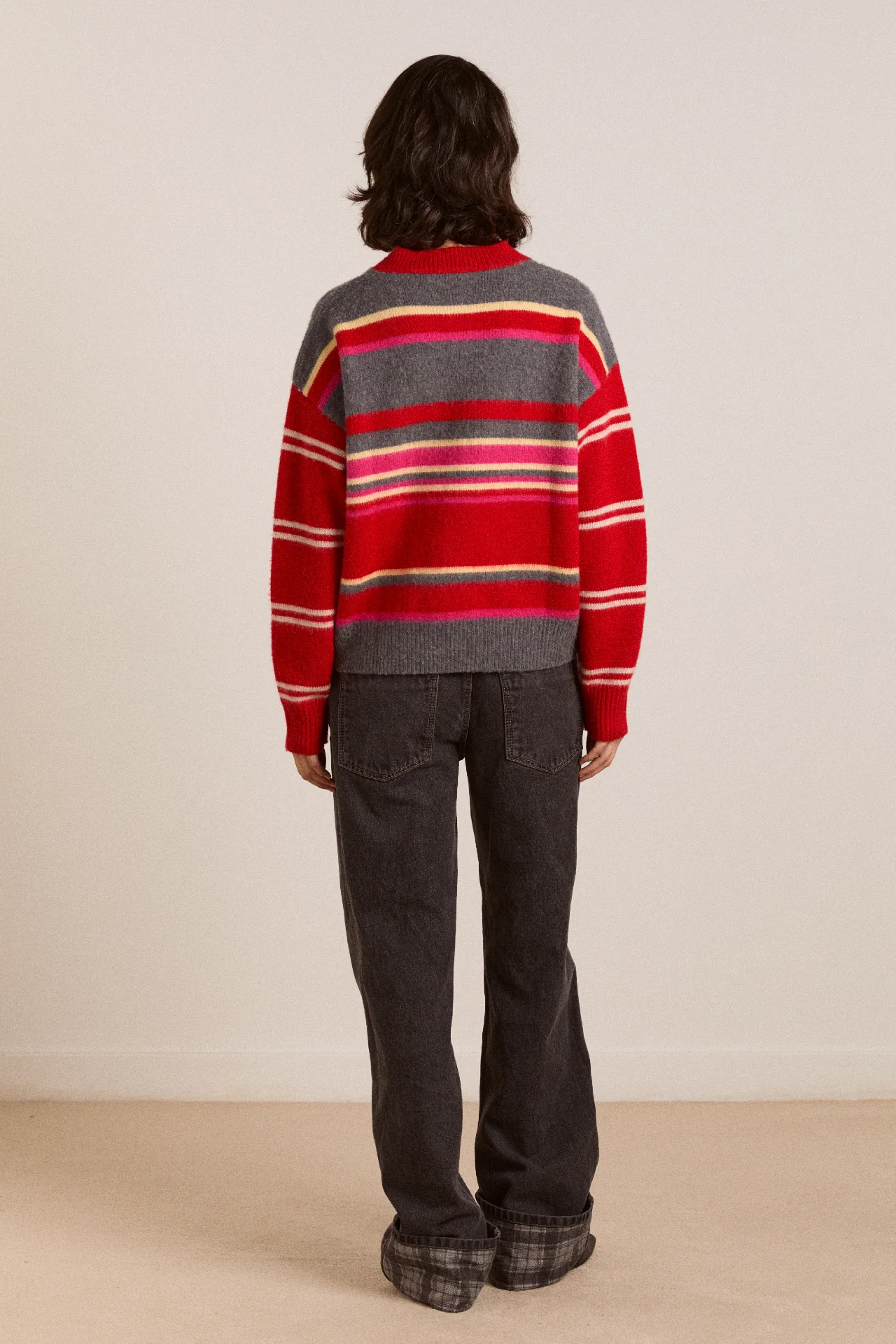 Rene Merino Wool V Jumper Pink/Red Stripe - Image 4