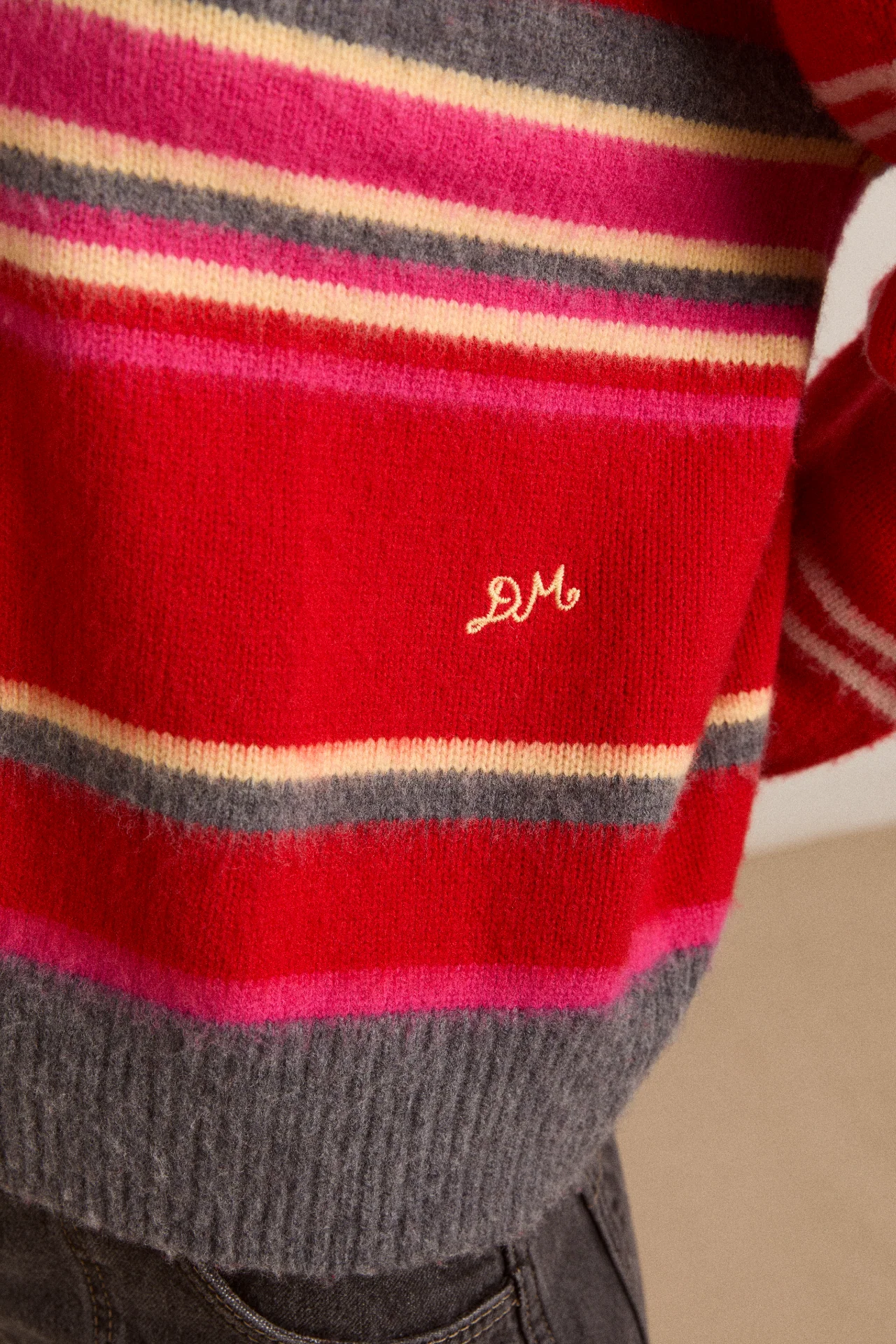Rene Merino Wool V Jumper Pink/Red Stripe - Image 7
