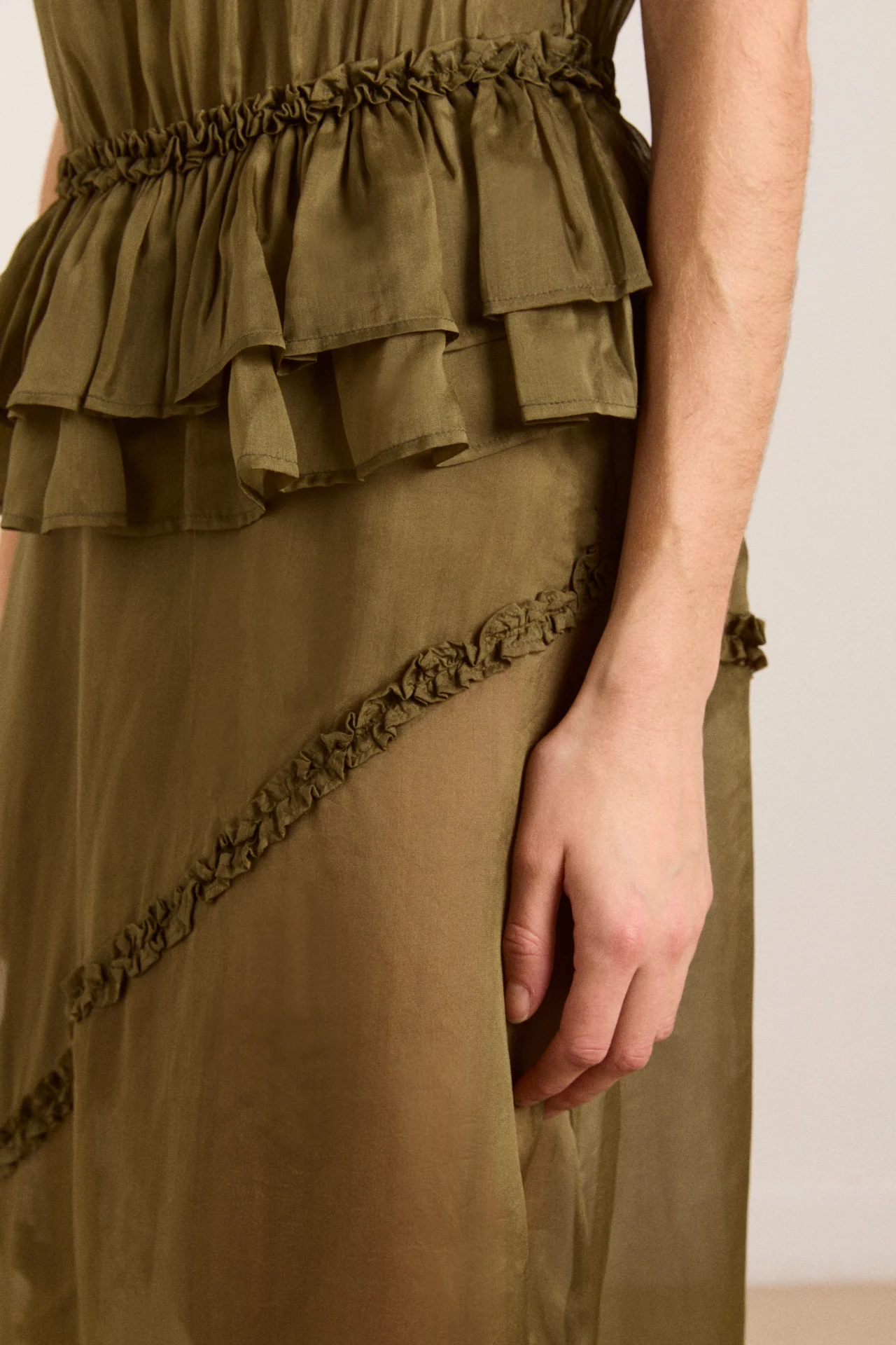 Sasha Ruffle Slip Dress With Cami - Sheer Olive - Image 12