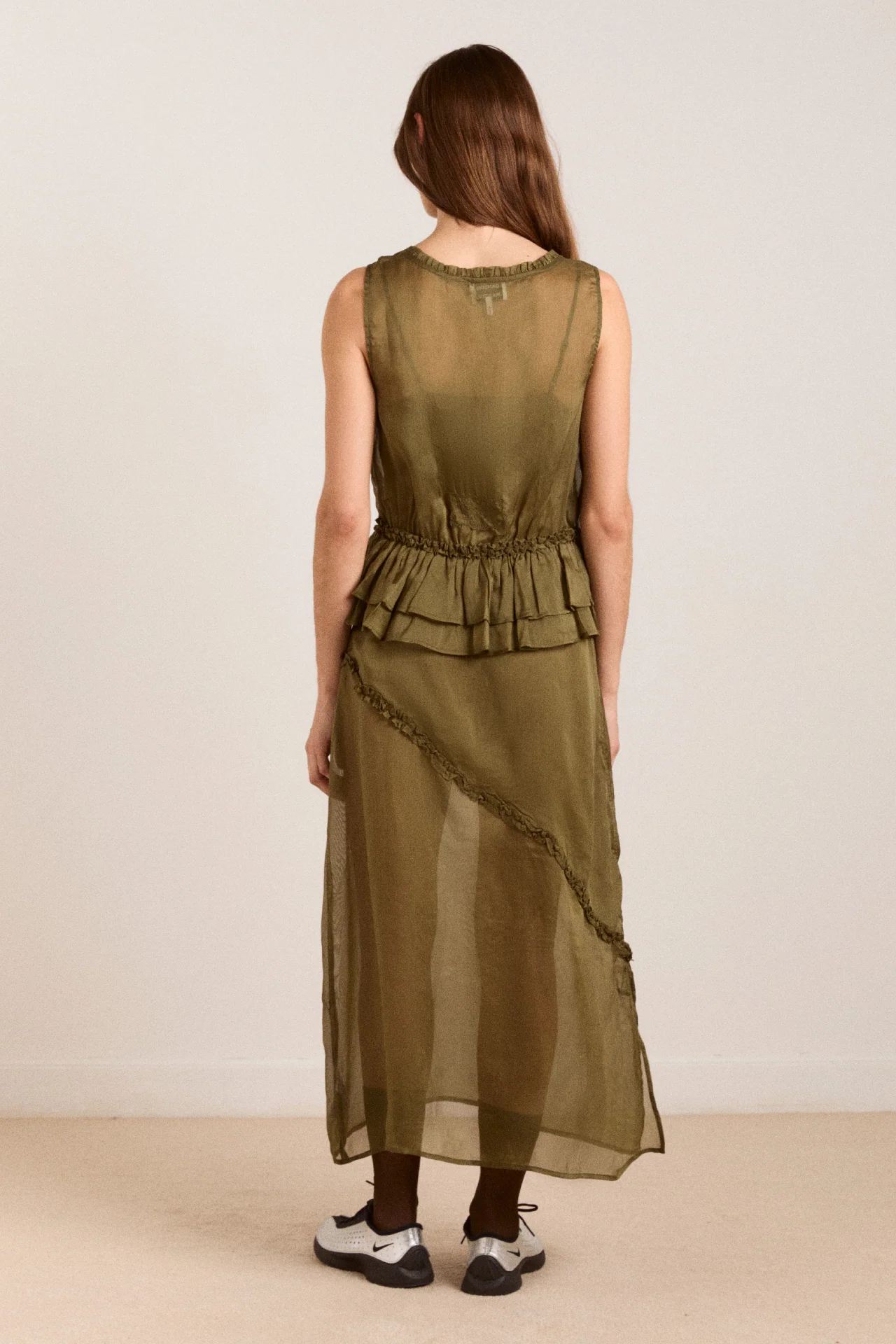 Sasha Ruffle Slip Dress With Cami - Sheer Olive - Image 5