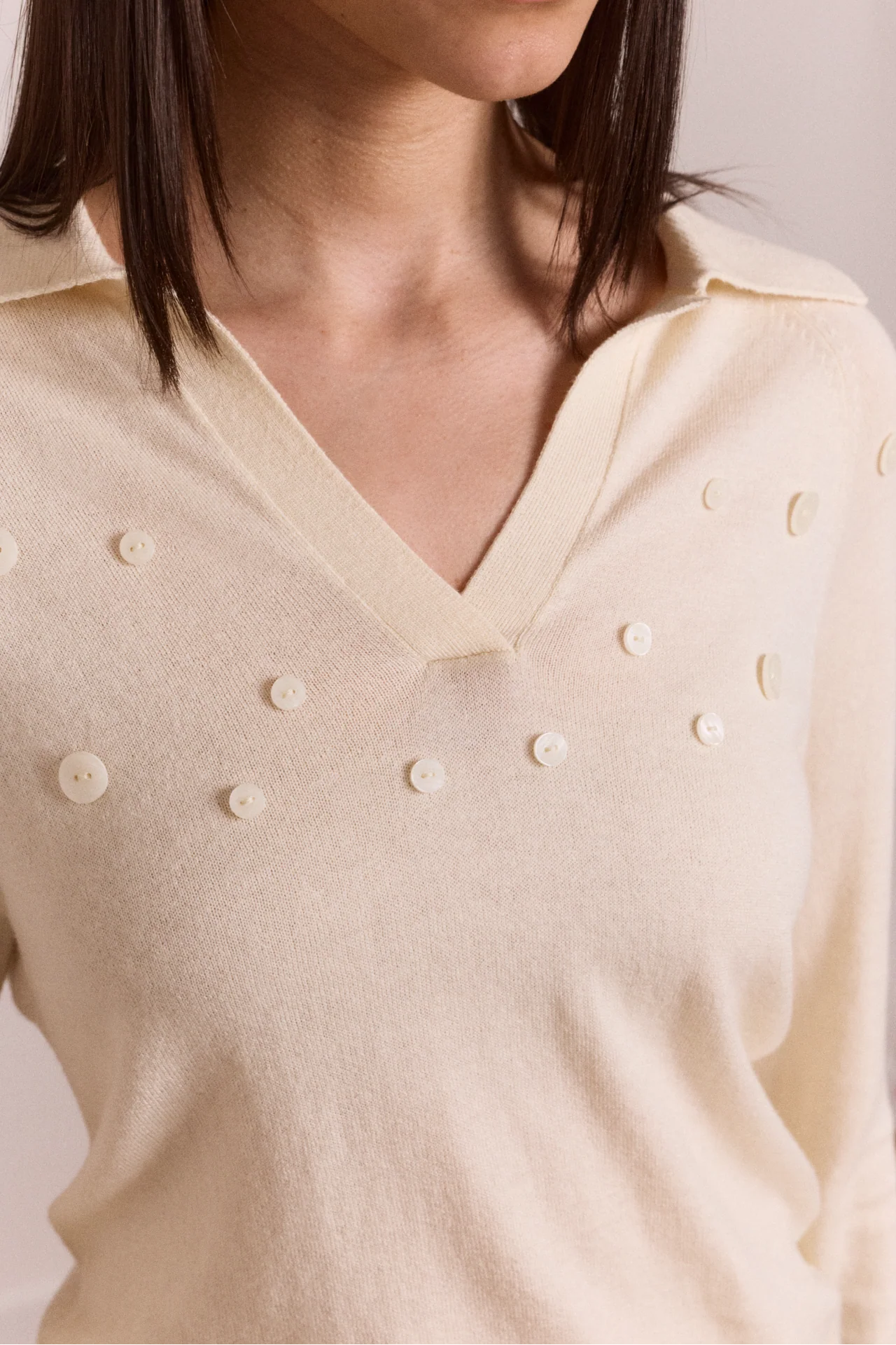 Silvia Cotton Merino Blend Button Knitted Top - Cream - Image 5
