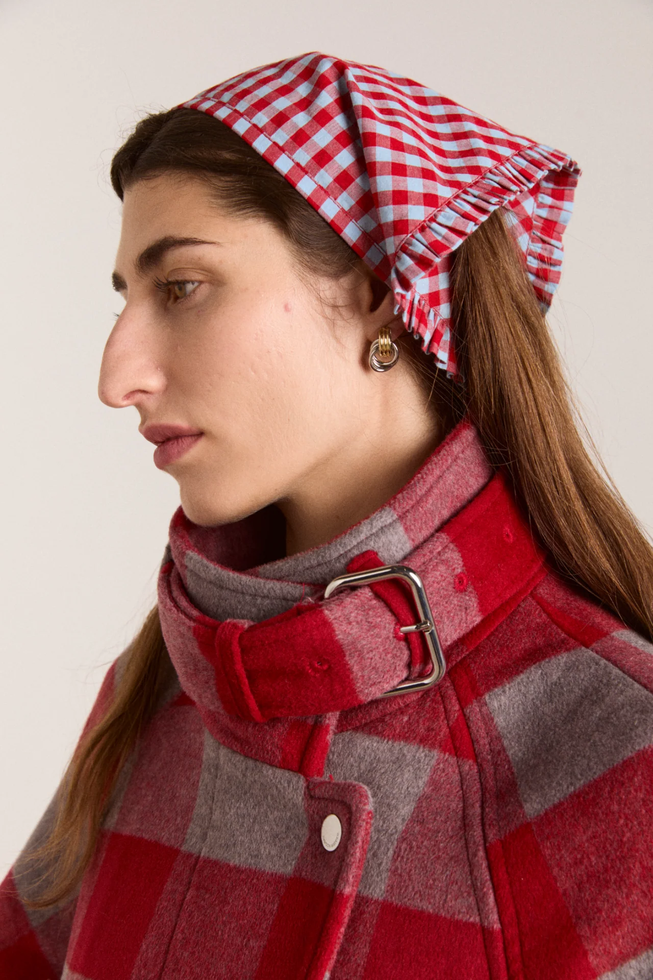 Tie Headscarf - Red/Blue Gingham - Image 3