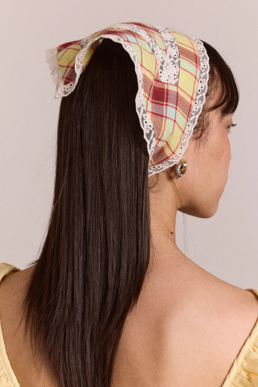 Triangle Headscarf With Lace Detail - Celery Check - Image 4